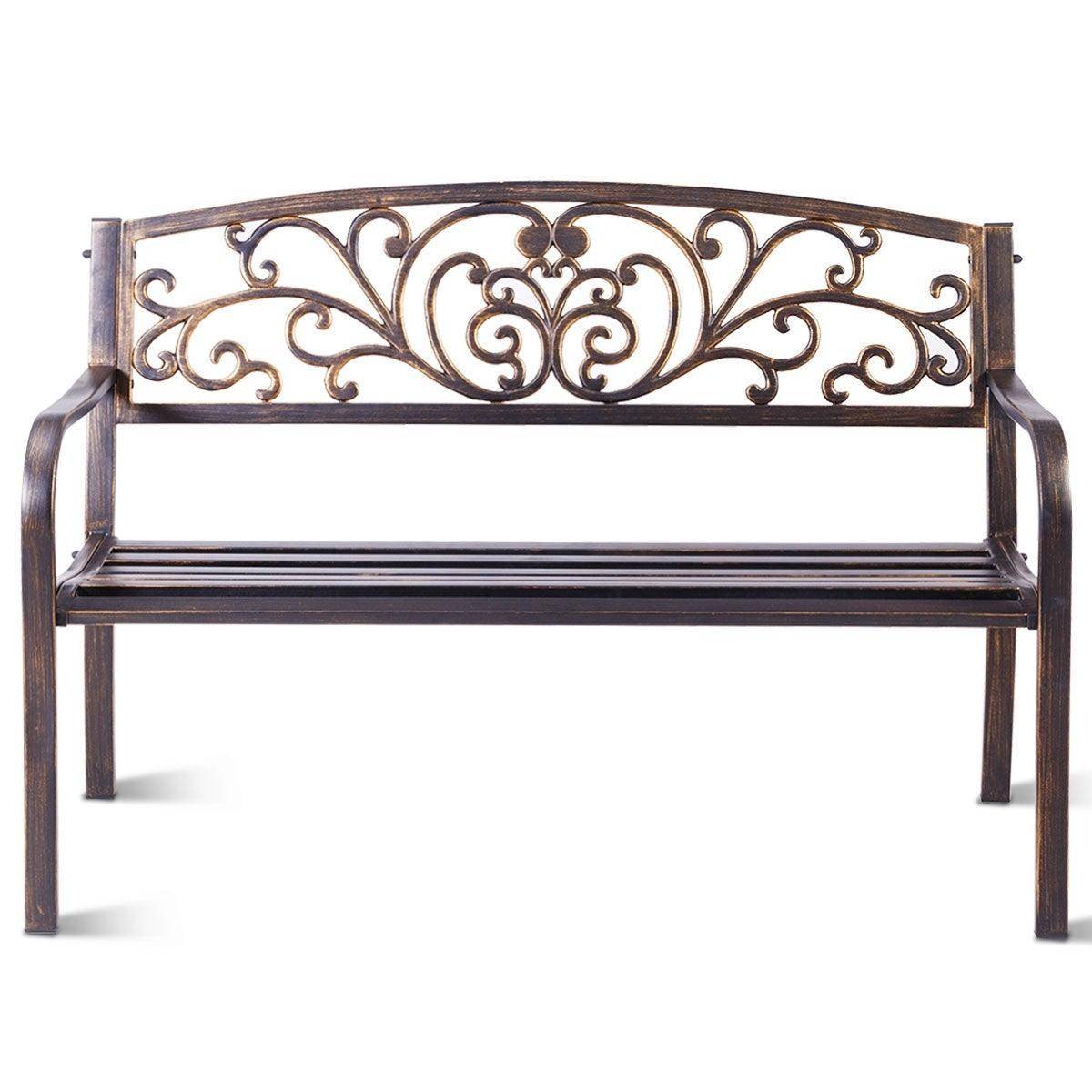 Helloshop26 - Banc de jardin en acier banquette en fer forgé bronzé 127 x 60 x 85 cm dossier à motif papillon marron - Image 4