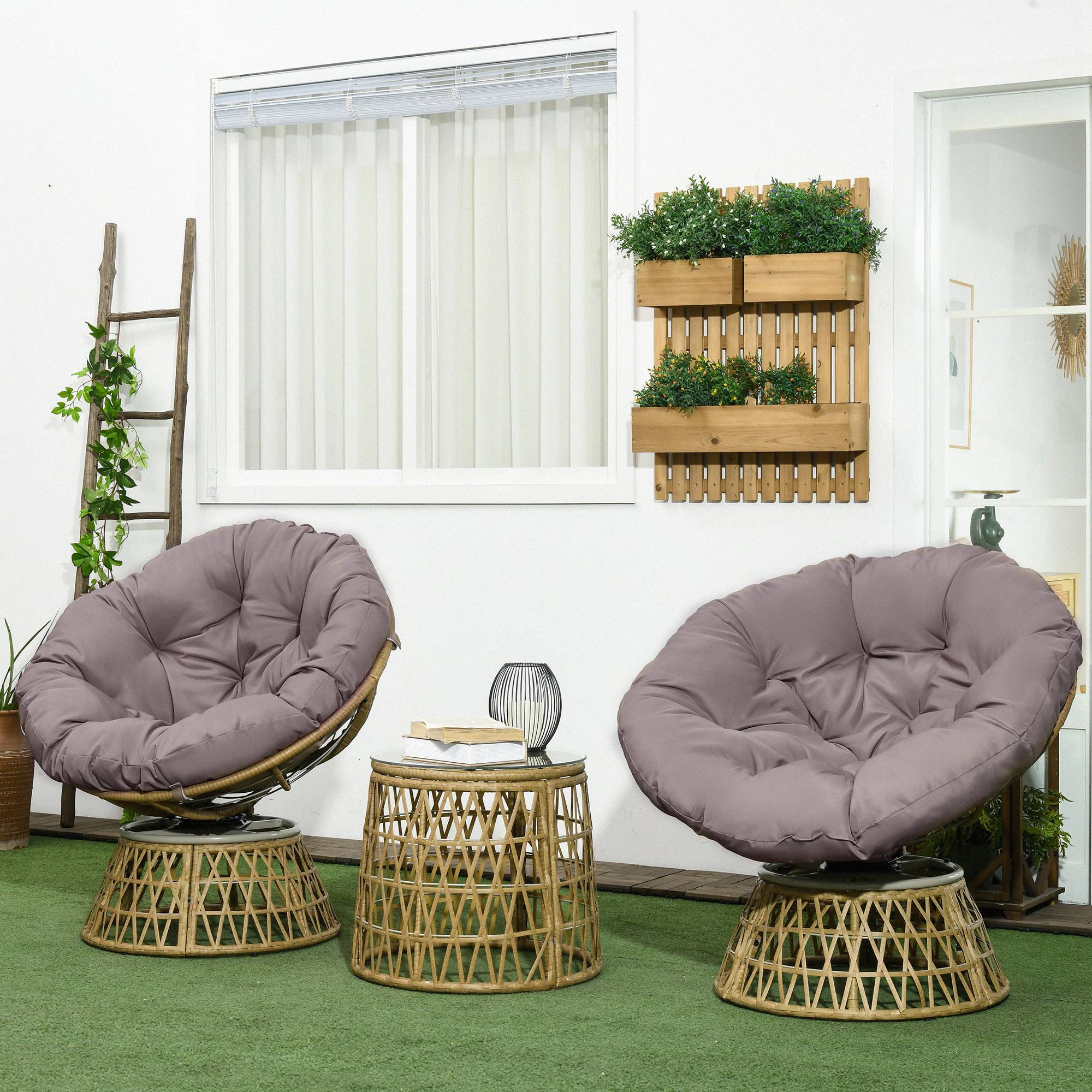 Outsunny - Ensemble salon de jardin 3 pièces avec 2 fauteuils papasan, 1 table ronde et 2 coussins - polyester résine tressée marron - Outsunny - Image 4