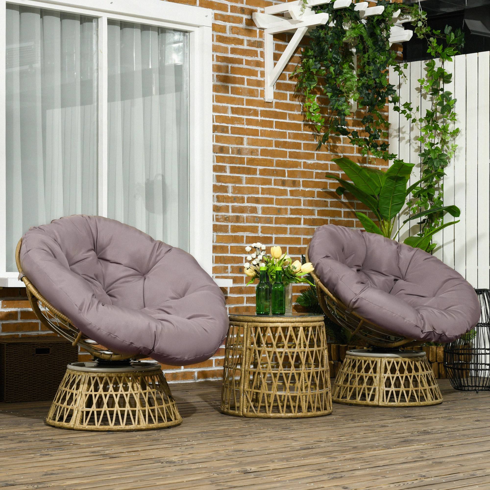 Outsunny - Ensemble salon de jardin 3 pièces avec 2 fauteuils papasan, 1 table ronde et 2 coussins - polyester résine tressée marron - Outsunny - Image 2