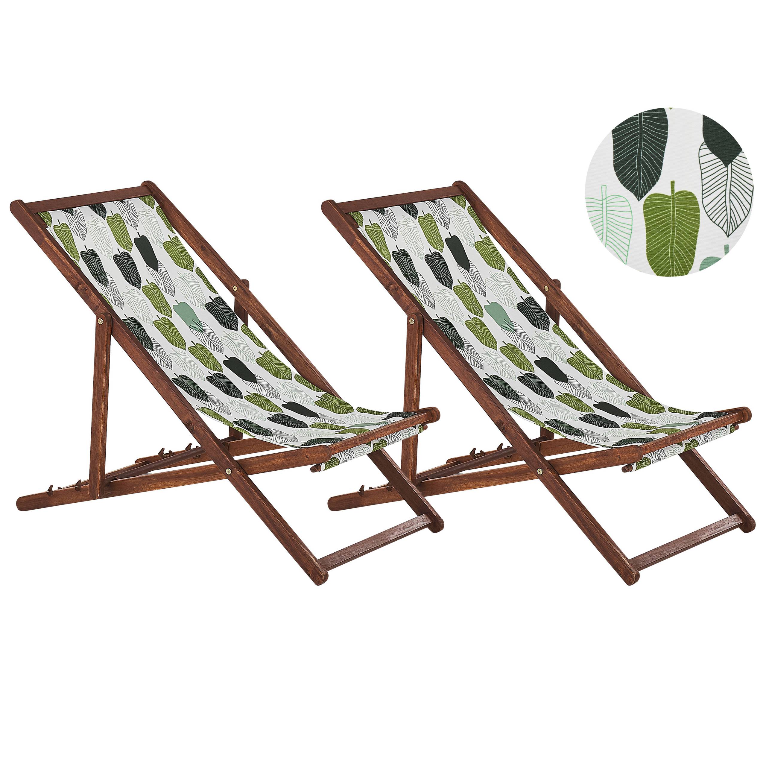 Beliani - 2 Transats Chiliennes Pliantes et Réglables en Bois d'Acacia Foncé et Textile Motif Feuillage avec Toiles de Remplacement - Image 1