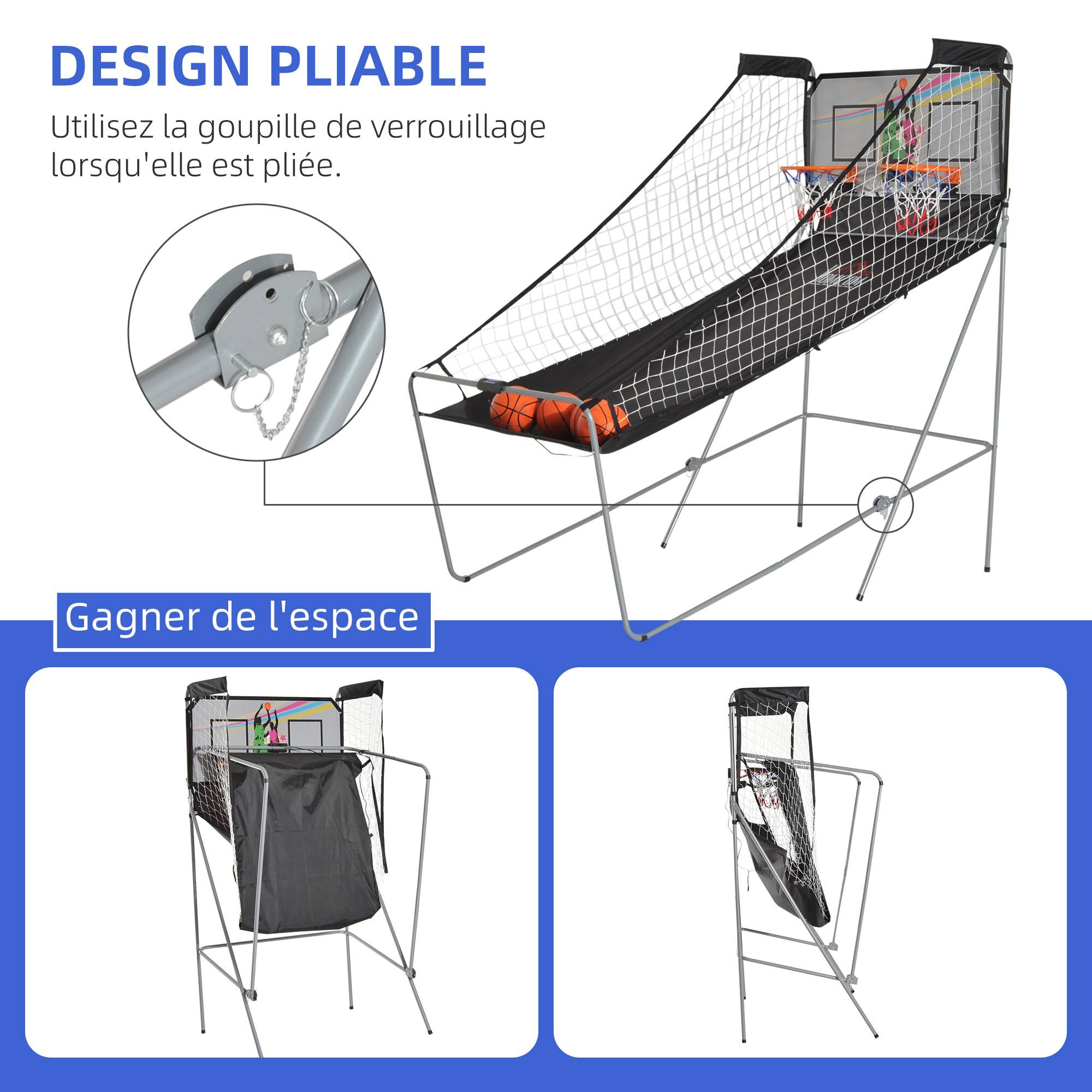 Jeu de Basketball Arcade Pliable à 2 Paniers avec Scoreur Électronique, 8 Modes de Jeu, 4 Ballons, 205 cm - Image 9