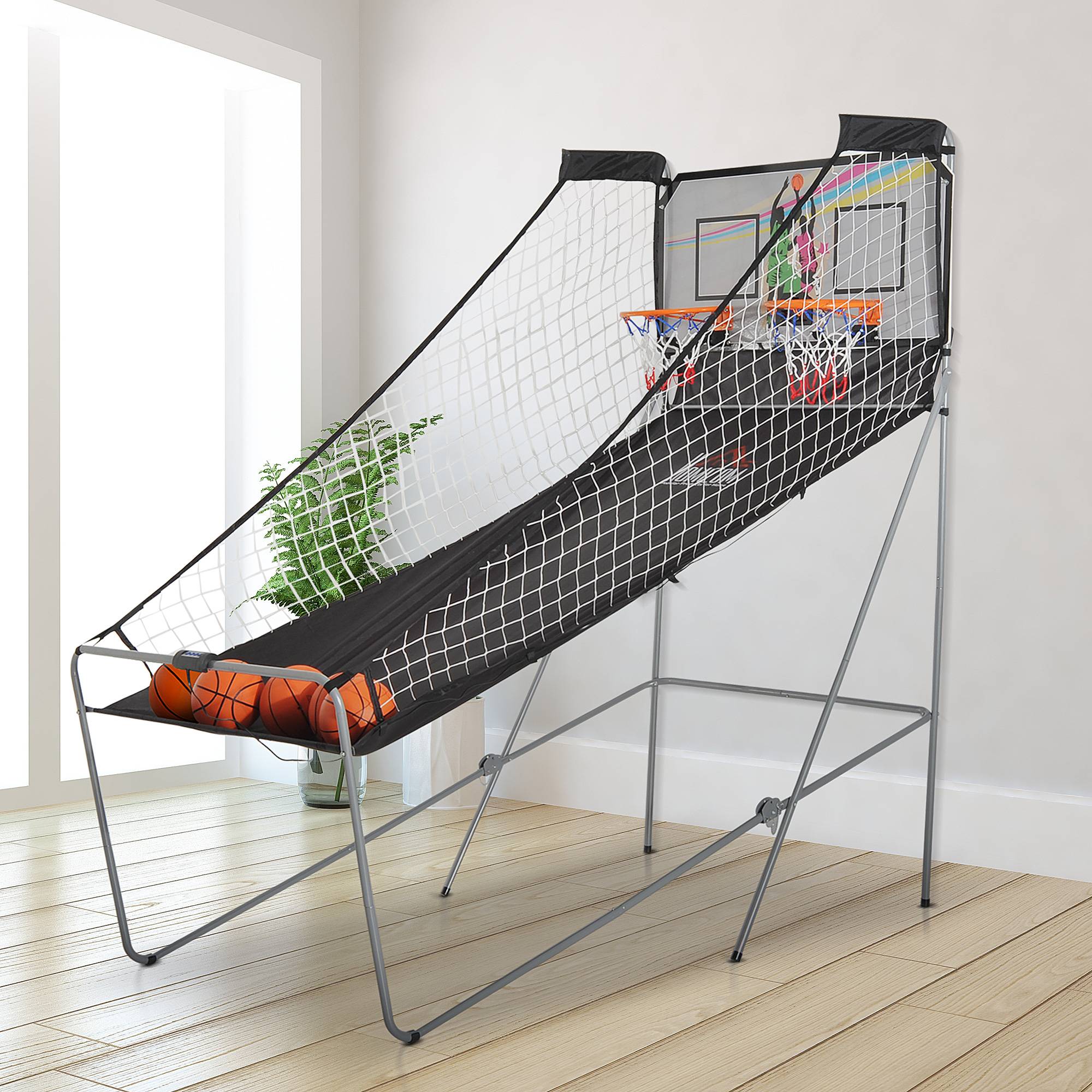 Jeu de Basketball Arcade Pliable à 2 Paniers avec Scoreur Électronique, 8 Modes de Jeu, 4 Ballons, 205 cm - Image 4