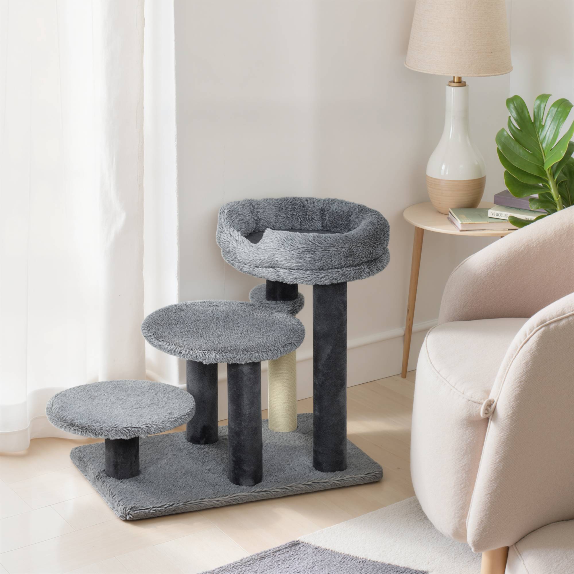 Arbre à chat et escalier chat, large base, peluche, griffoir sisal, gris - Image 10