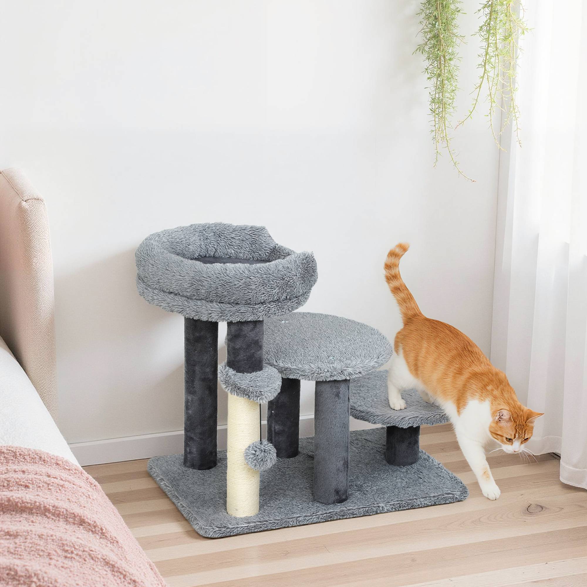 Arbre à chat et escalier chat, large base, peluche, griffoir sisal, gris - Image 4