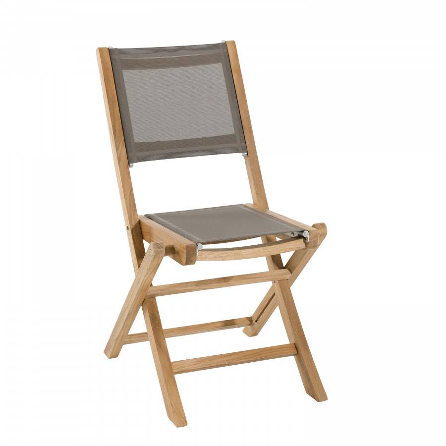 Macabane - HARRIS - SALON DE JARDIN EN BOIS TECK 2 pers - 1 Table ronde pliante 60 cm et 2 chaises textilène couleur taupe - Image 5