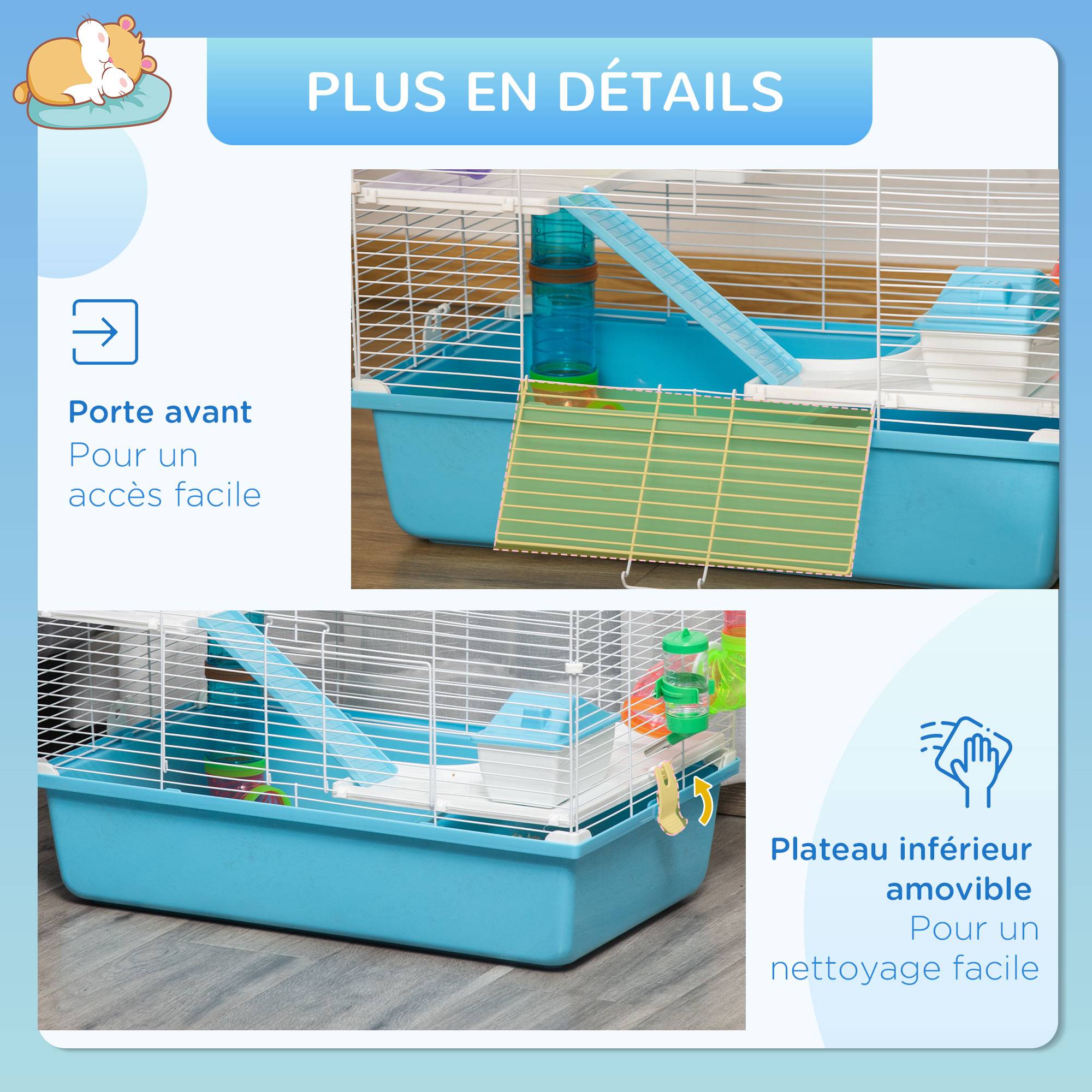 Cage hamster acier PP rongeur intérieur 3 niveaux tunnel 59x36x47cm bleu - ComfortXL Outdoor Living - Image 8