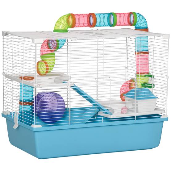 Cage hamster acier PP rongeur intérieur 3 niveaux tunnel 59x36x47cm bleu - ComfortXL Outdoor Living - Image 1
