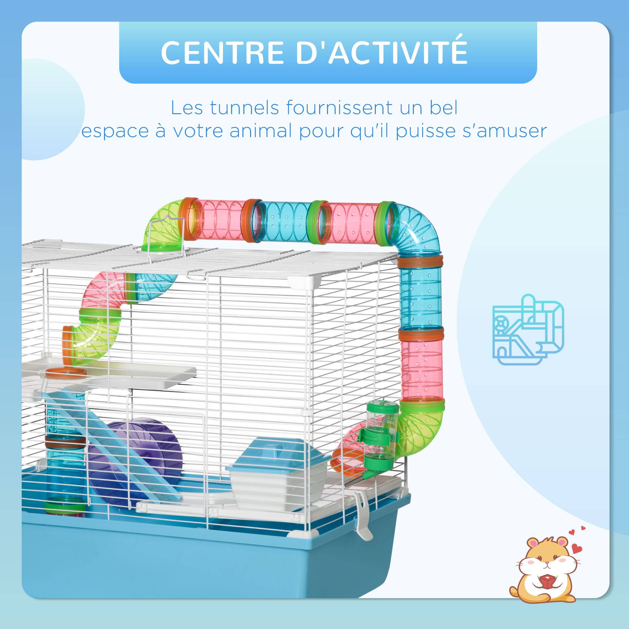 Cage hamster acier PP rongeur intérieur 3 niveaux tunnel 59x36x47cm bleu - ComfortXL Outdoor Living - Image 9