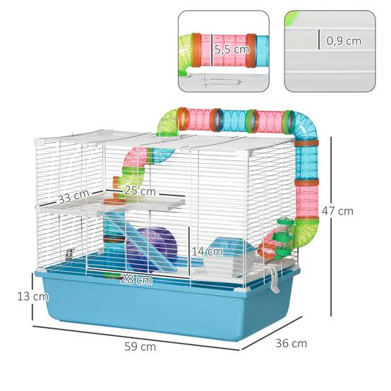Cage hamster acier PP rongeur intérieur 3 niveaux tunnel 59x36x47cm bleu - ComfortXL Outdoor Living - Image 5