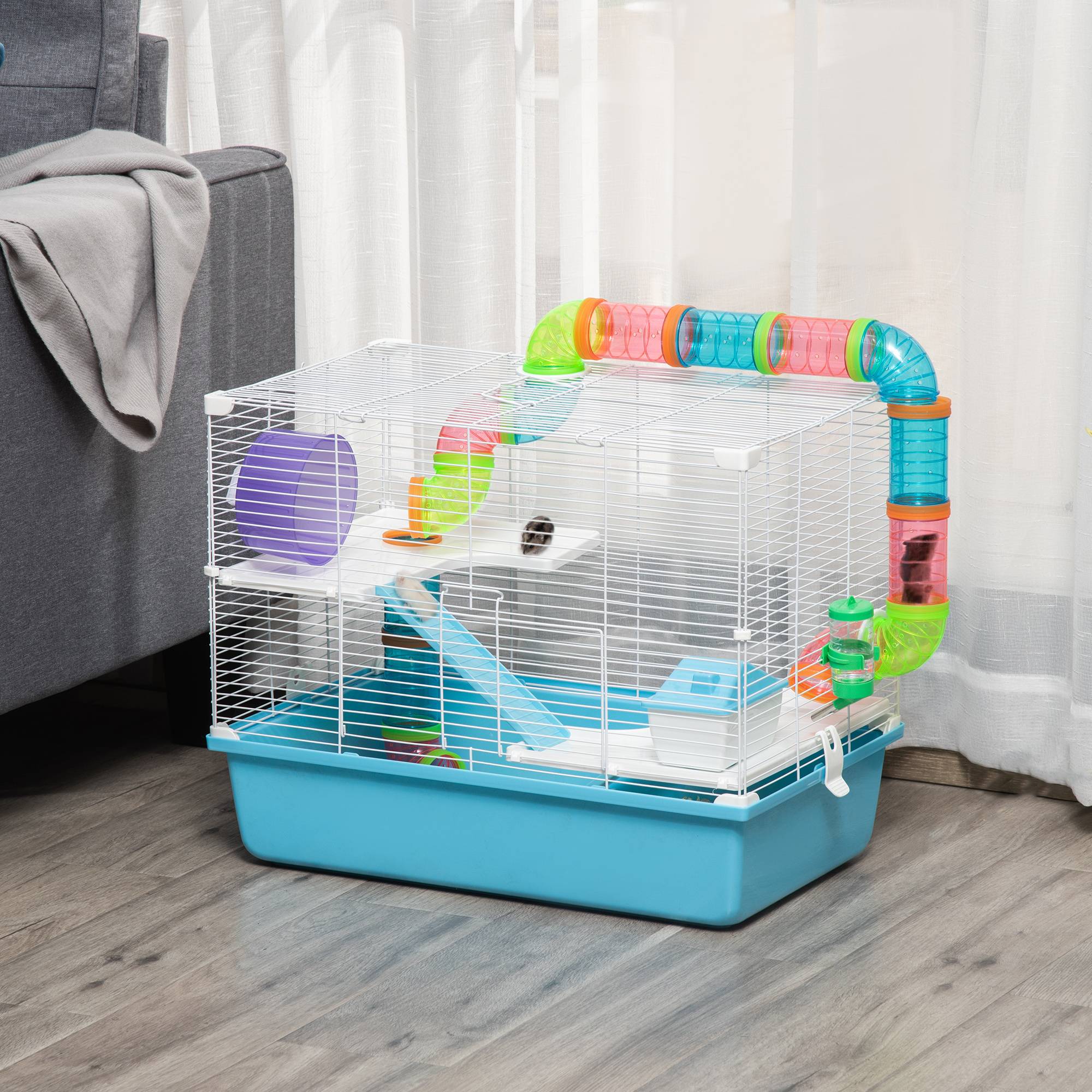 Cage hamster acier PP rongeur intérieur 3 niveaux tunnel 59x36x47cm bleu - ComfortXL Outdoor Living - Image 3