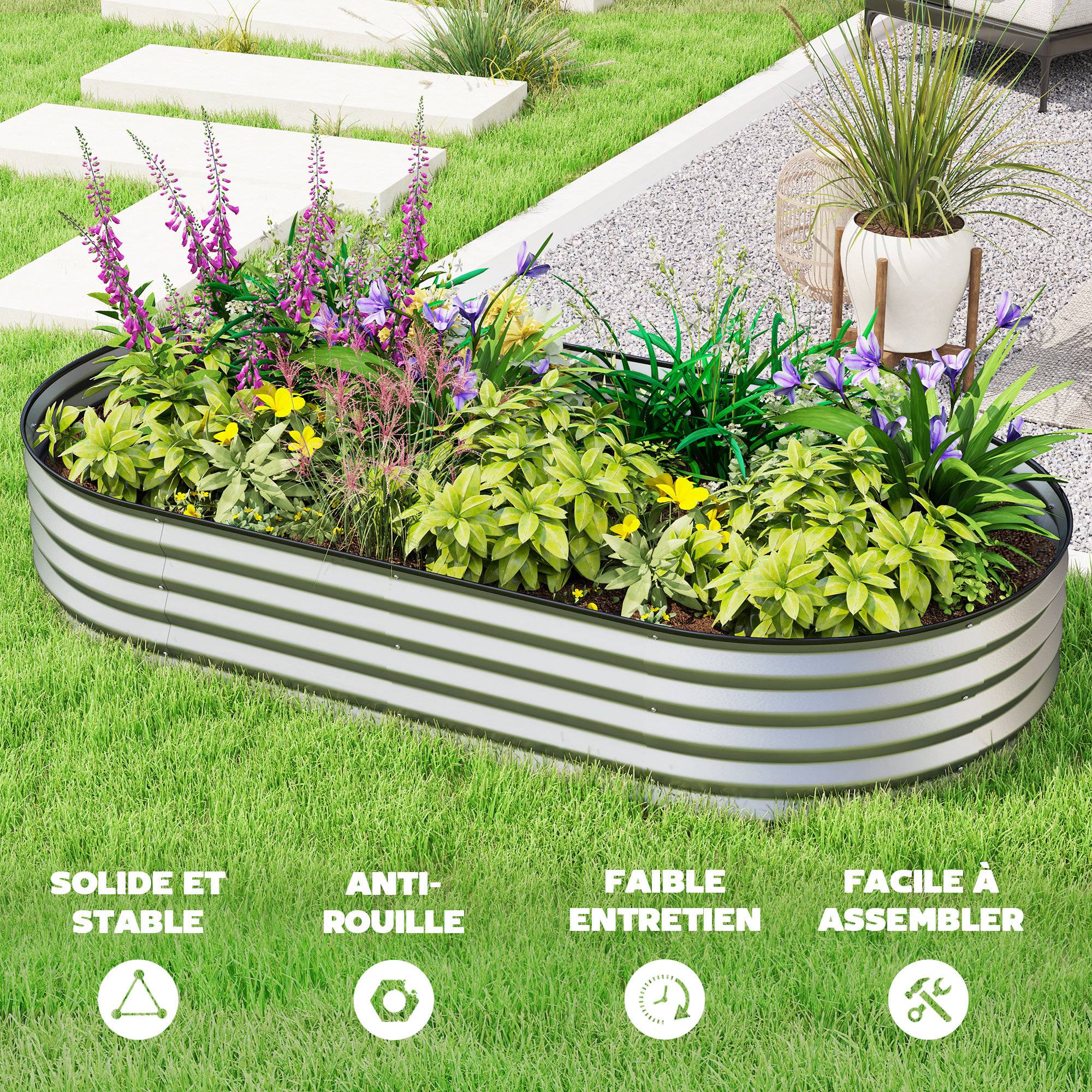 Jardinière surélevée galvanisée en acier lit de jardin bordure caoutchouc 181 x 93 x 30 cm argent - Image 9