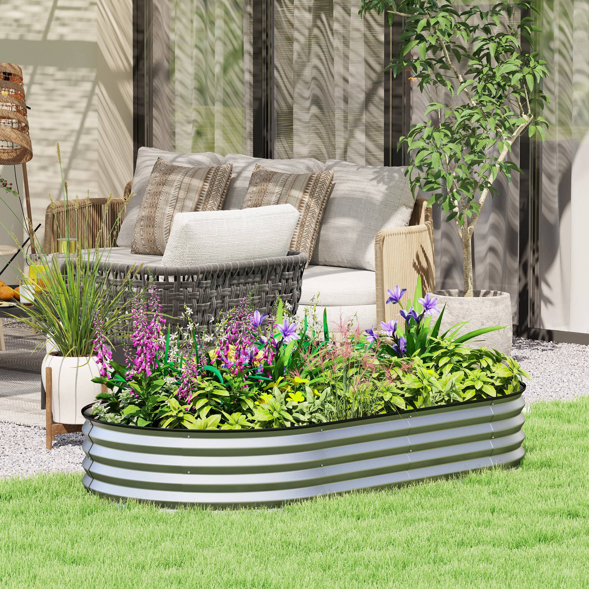 Jardinière surélevée galvanisée en acier lit de jardin bordure caoutchouc 181 x 93 x 30 cm argent - Image 3