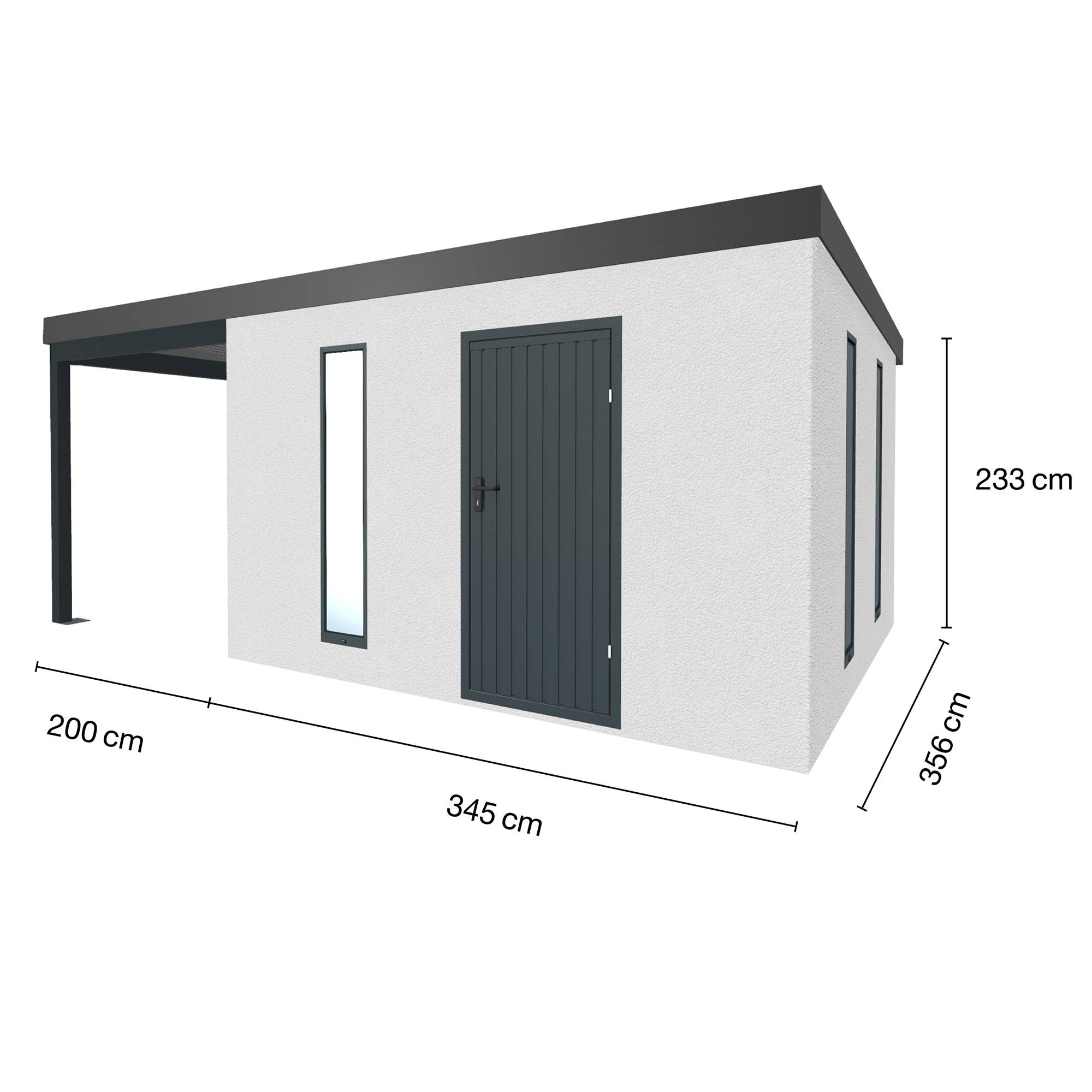 Abri de jardin en métal finition crépi 3450 x 3560 mm blanc avec auvent à gauche 2000 x 3560 mm anthracite - Image 1