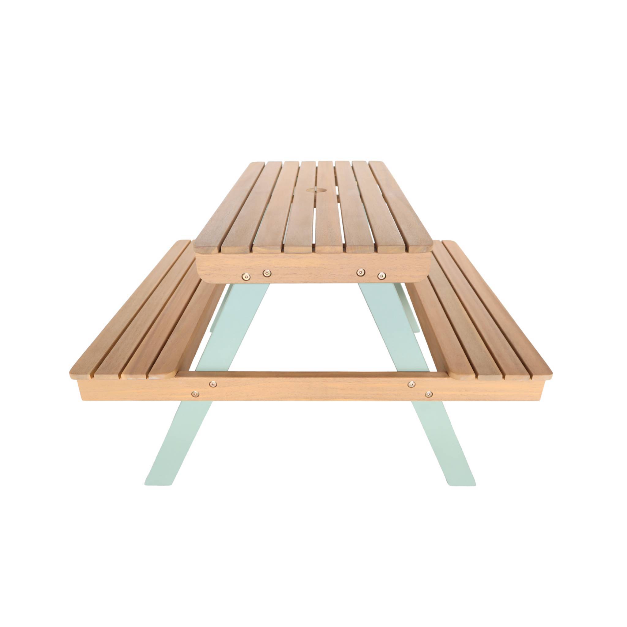 Table de pique-nique. salon de jardin enfant bois d'acacia + 2 places couleur teck clair et vert de gris | sweeek - Image 5
