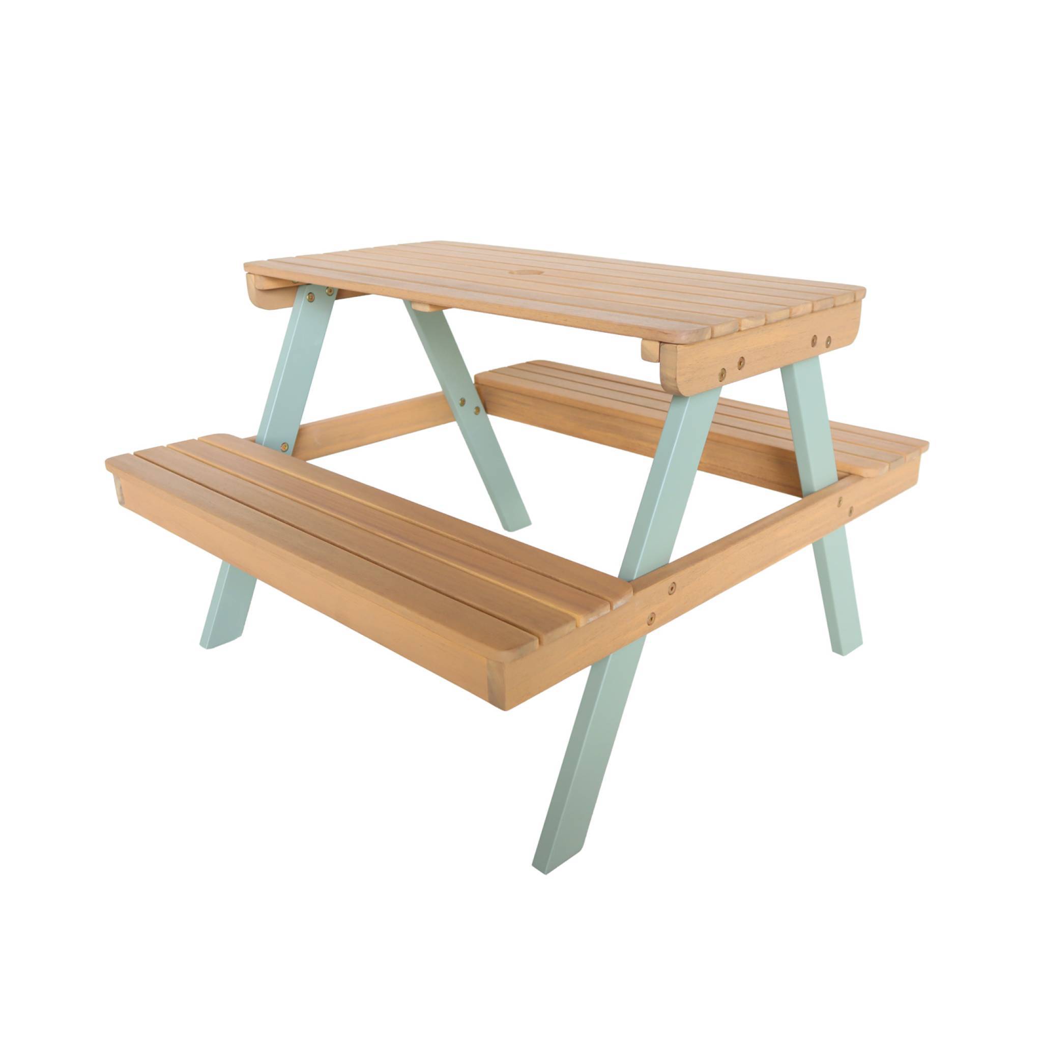 Table de pique-nique. salon de jardin enfant bois d'acacia + 2 places couleur teck clair et vert de gris | sweeek - Image 2