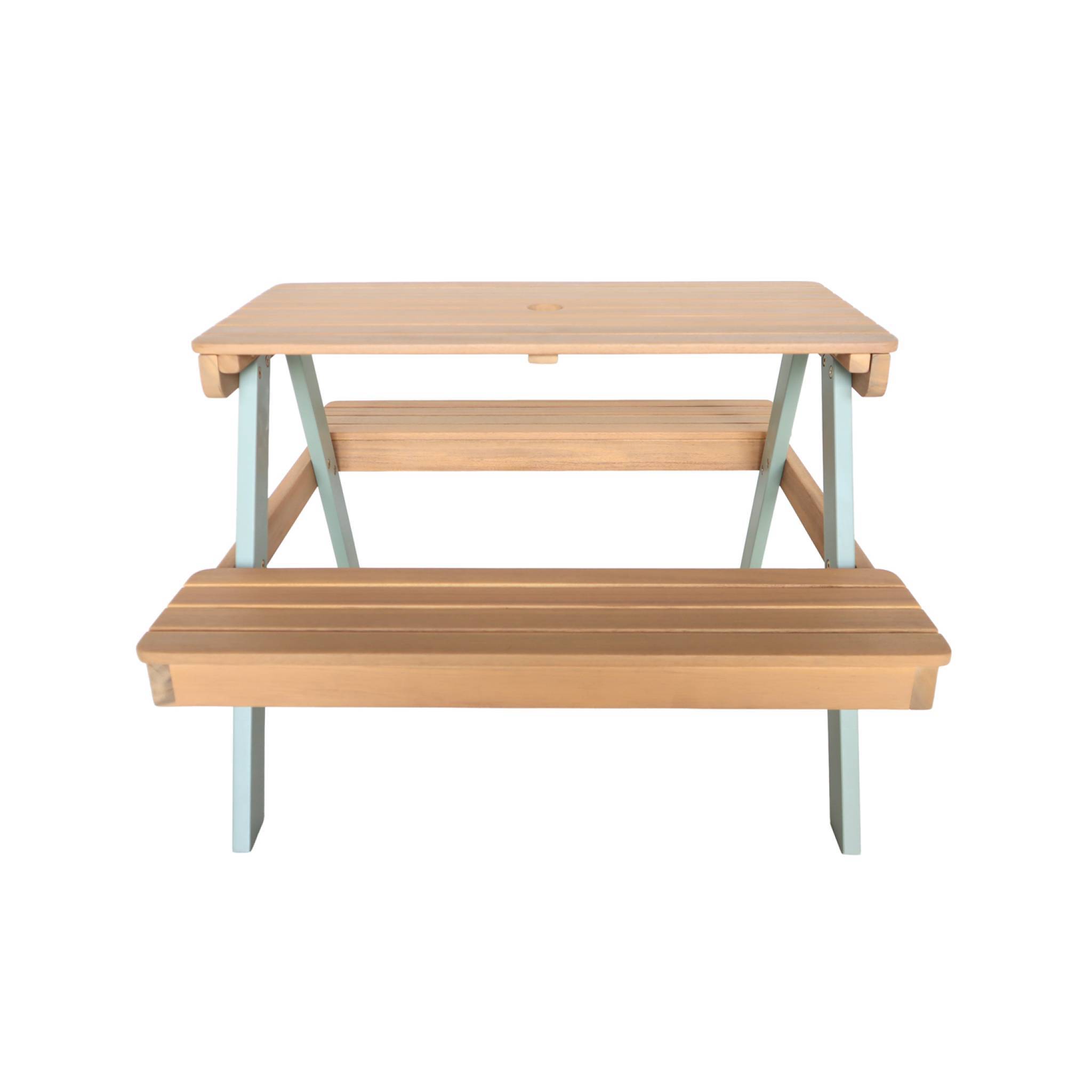 Table de pique-nique. salon de jardin enfant bois d'acacia + 2 places couleur teck clair et vert de gris | sweeek - Image 4