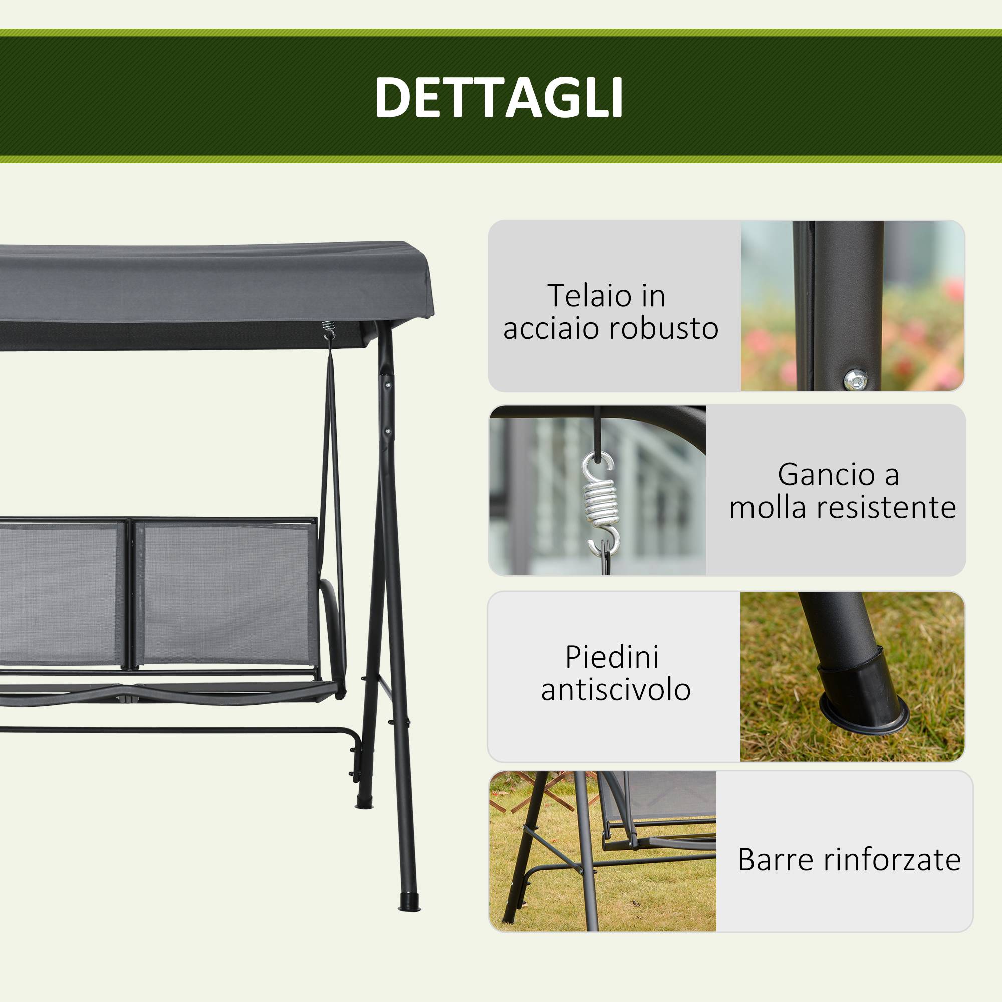 Balançoire 2 places de jardin avec toit réglable, 140x118x162cm, gris - Image 8