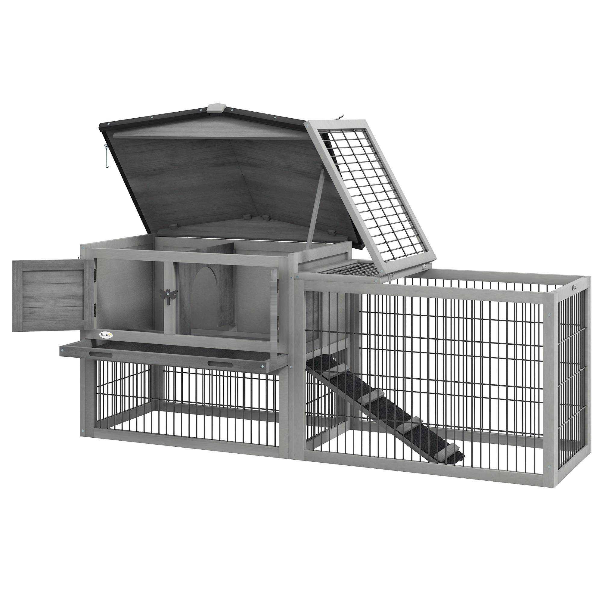 Sans Marque - Clapier sol cage lapin cottage niche supérieure rampe enclos extérieur 150x52x68 cm gris - Image 2