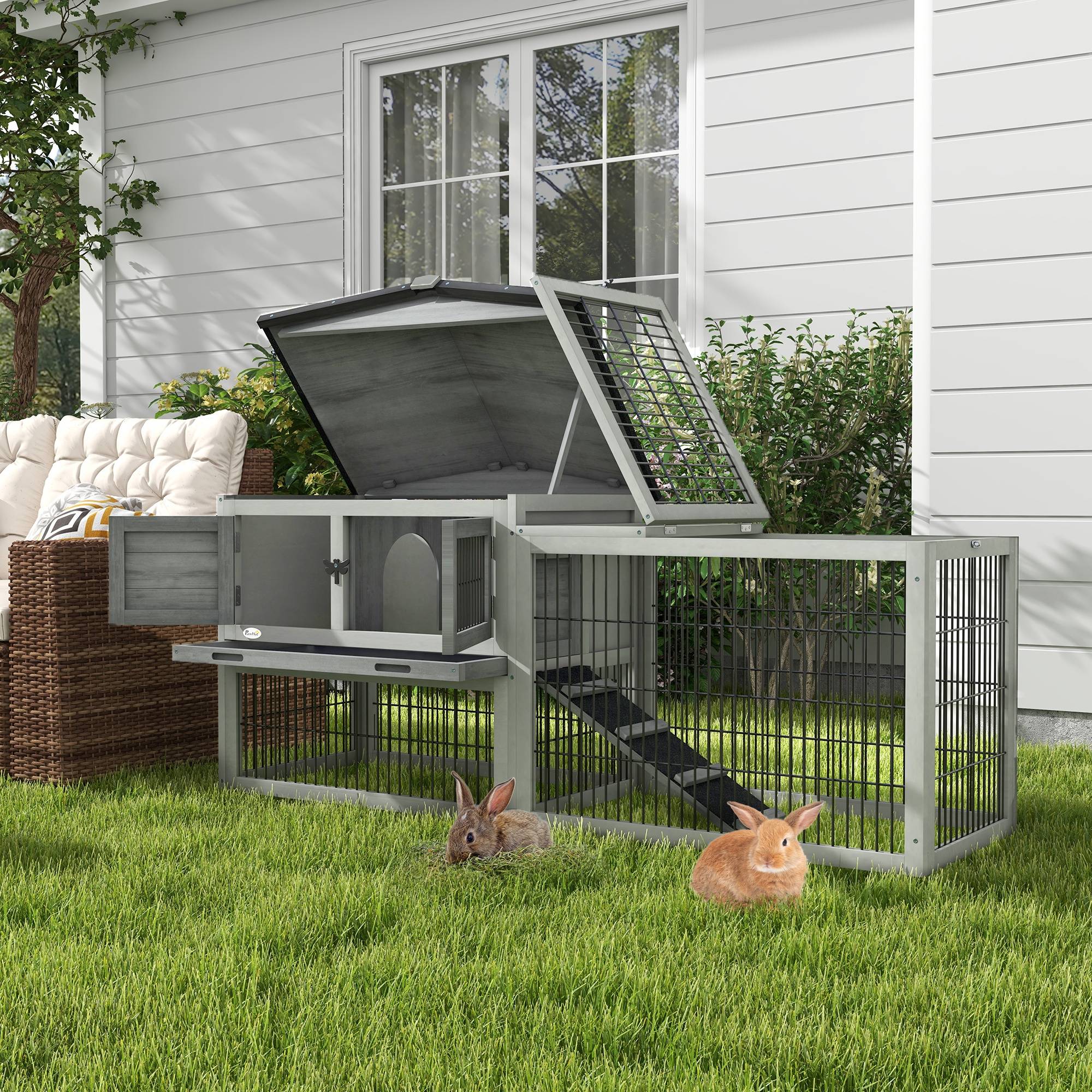 Sans Marque - Clapier sol cage lapin cottage niche supérieure rampe enclos extérieur 150x52x68 cm gris - Image 3