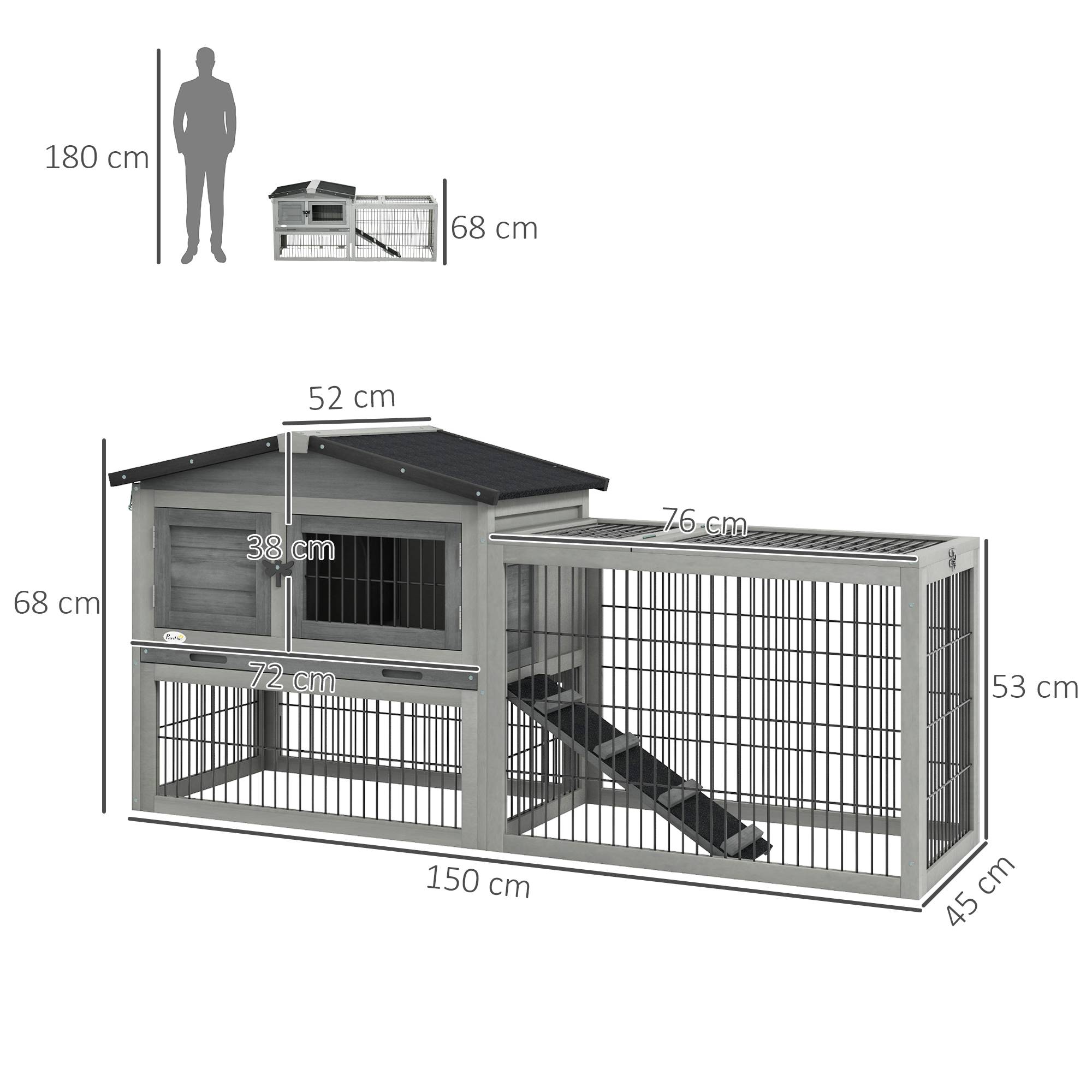 Sans Marque - Clapier sol cage lapin cottage niche supérieure rampe enclos extérieur 150x52x68 cm gris - Image 5