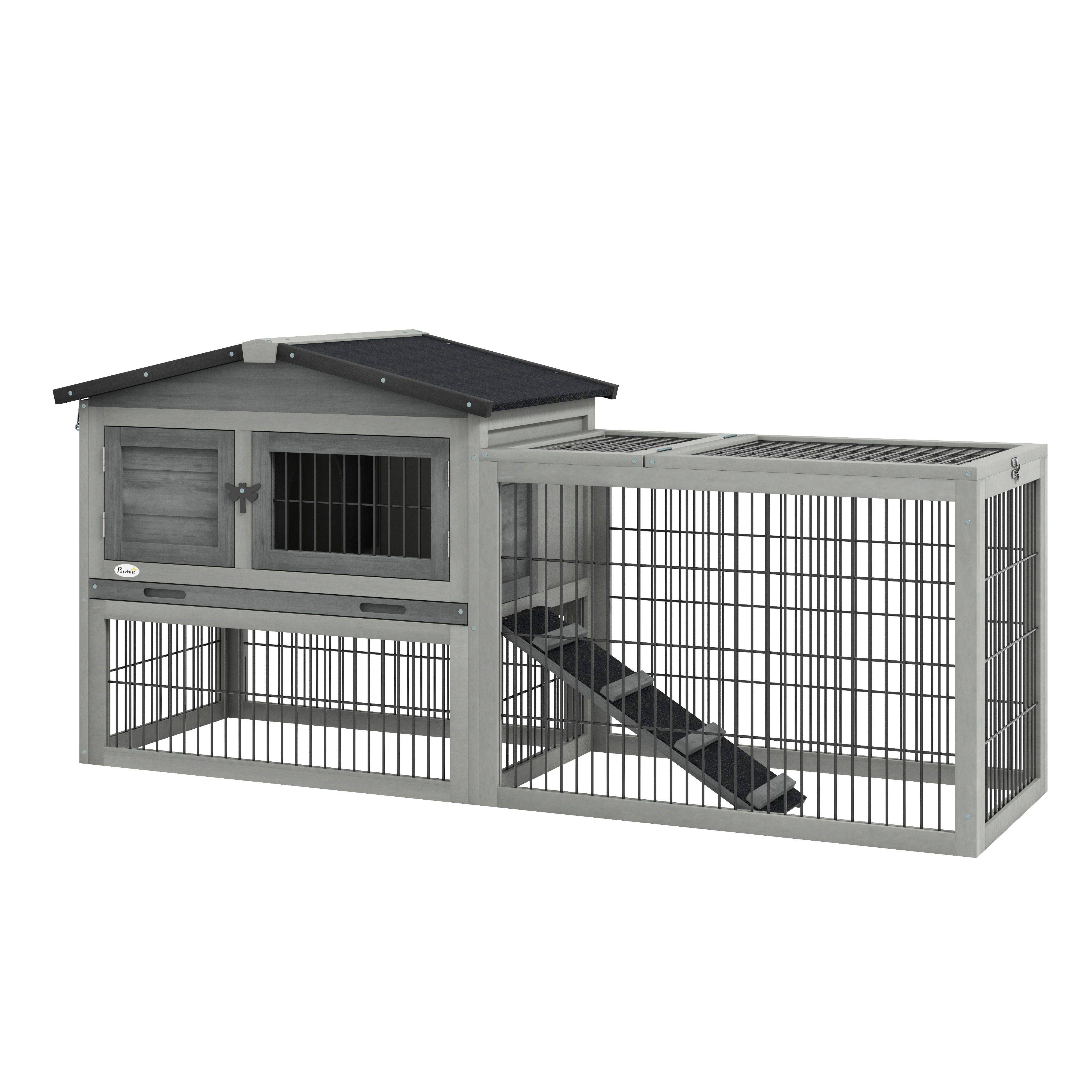 Sans Marque - Clapier sol cage lapin cottage niche supérieure rampe enclos extérieur 150x52x68 cm gris - Image 1