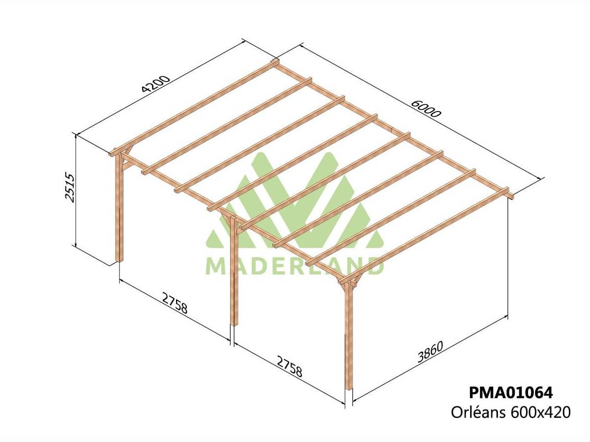 Pergola adossée en bois massif Orléans 600 x 420 cm + 3 supports surélevés - Maderland - Image 2