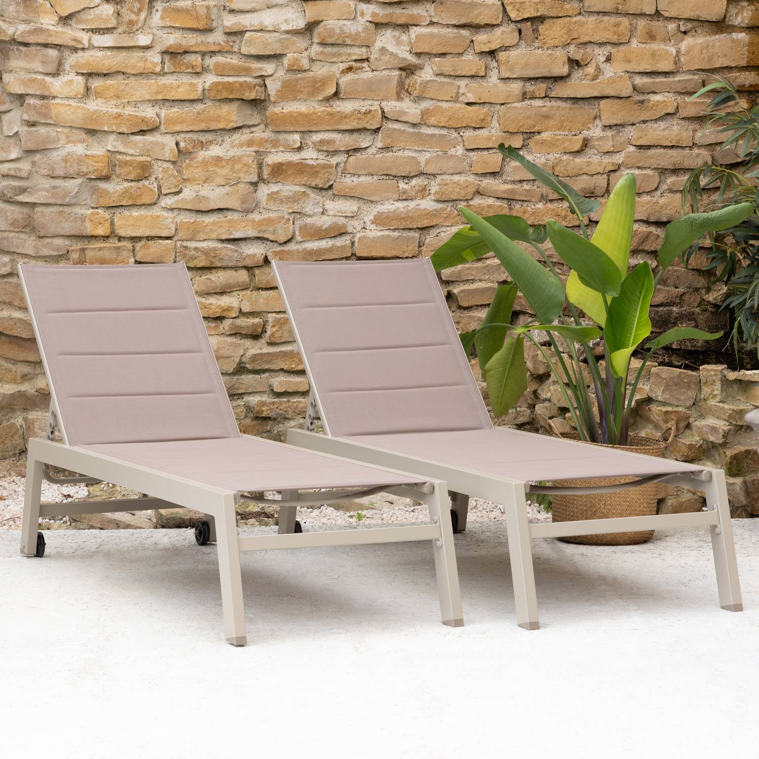 Lot de 2 bains de soleil BARBADOS en textilène taupe - aluminium taupe - HAPPY GARDEN - Image 2