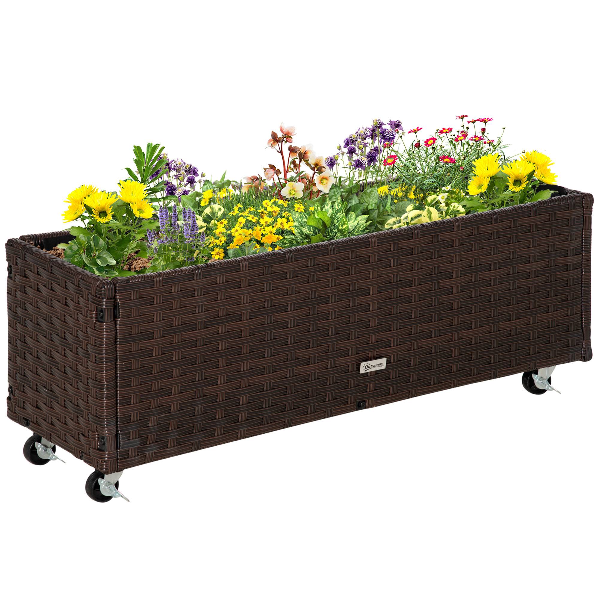 Jardinière surélevée polyrotin avec roues, drainage, bac à fleurs, café 94,5x31x36 cm - Image 1