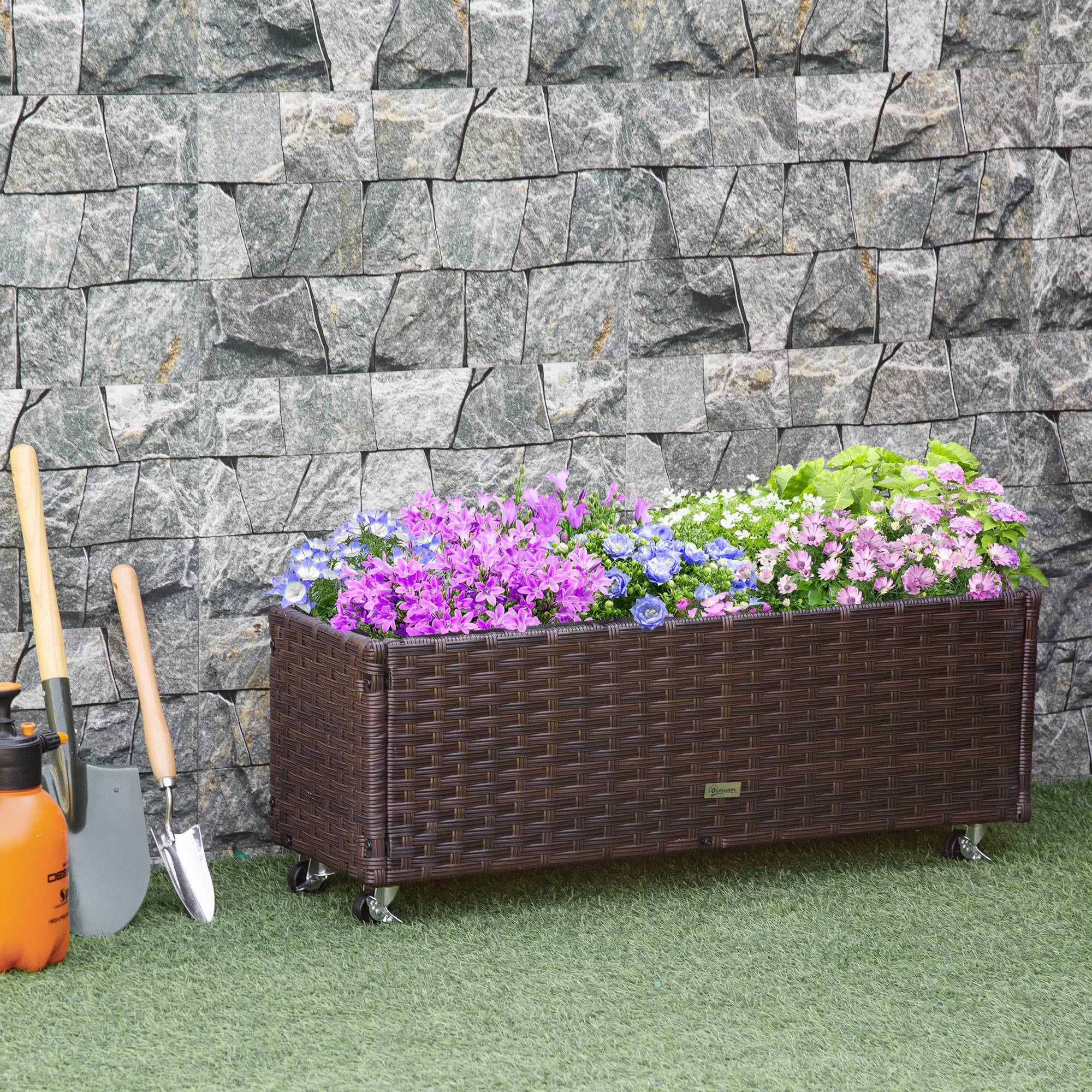 Jardinière surélevée polyrotin avec roues, drainage, bac à fleurs, café 94,5x31x36 cm - Image 3