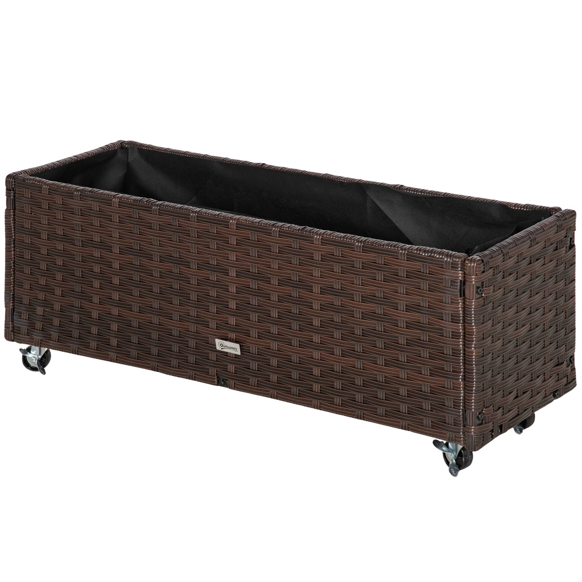Jardinière surélevée polyrotin avec roues, drainage, bac à fleurs, café 94,5x31x36 cm - Image 2