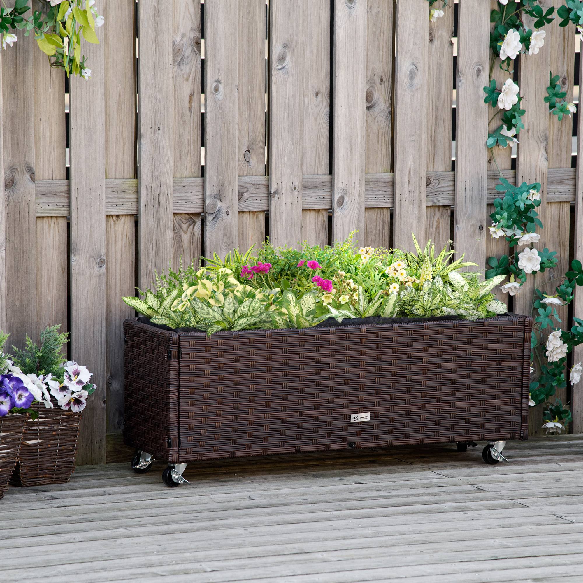 Jardinière surélevée polyrotin avec roues, drainage, bac à fleurs, café 94,5x31x36 cm - Image 4