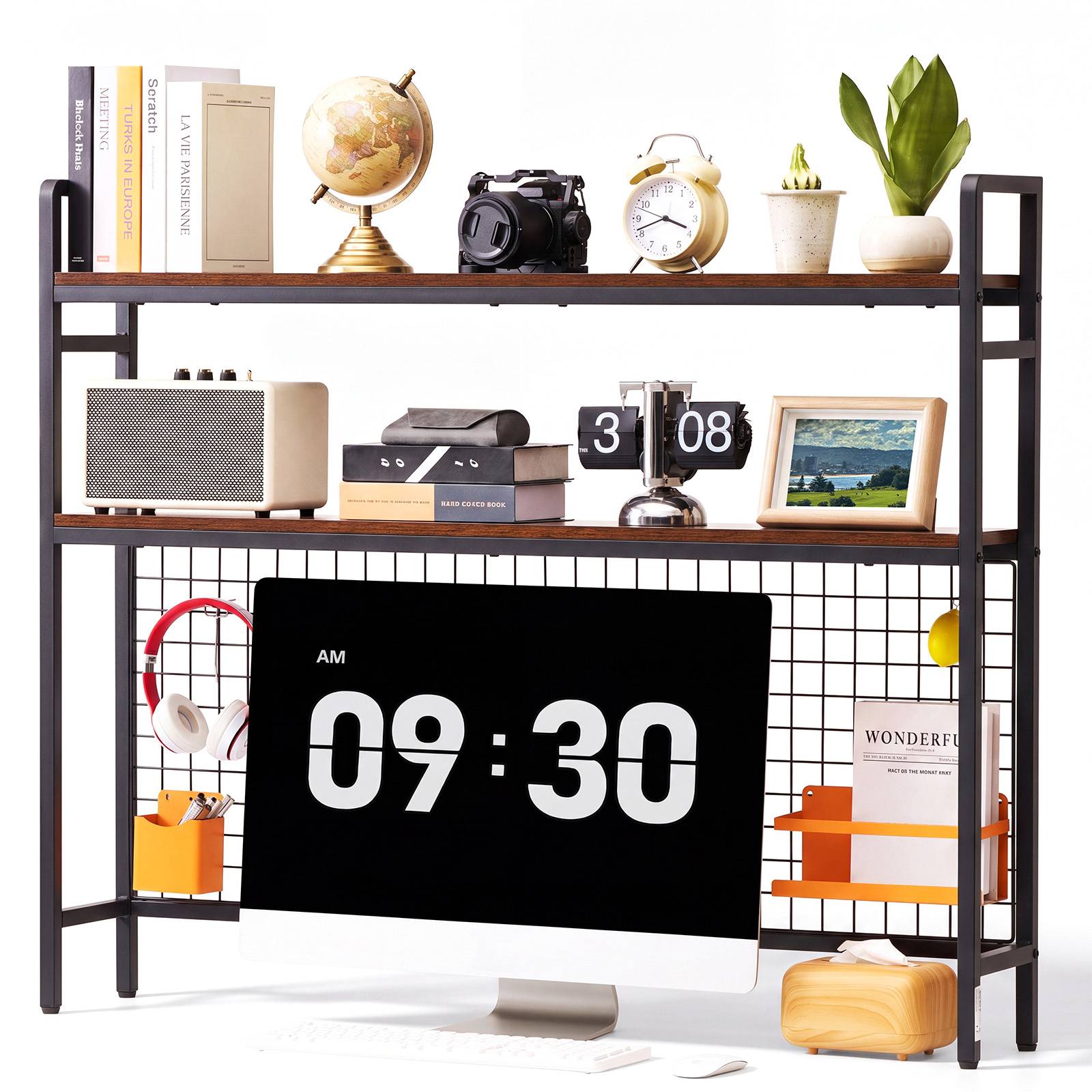 Vevor - VEVOR Étagère de bureau à 3 niveaux, structure en métal Q195, panneaux en bois, grille noire et pieds réglables