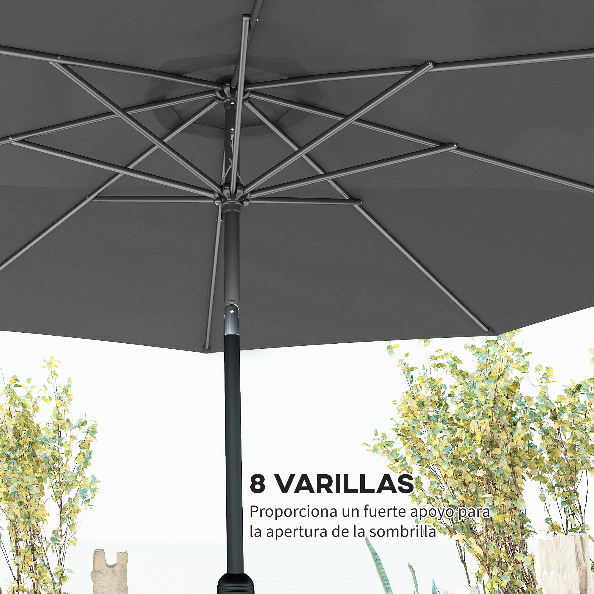 Parasol de jardin Ø295x250 cm, manivelle, inclinaison, mat metal demontable, terrasse piscine, gris fonce - Image 9