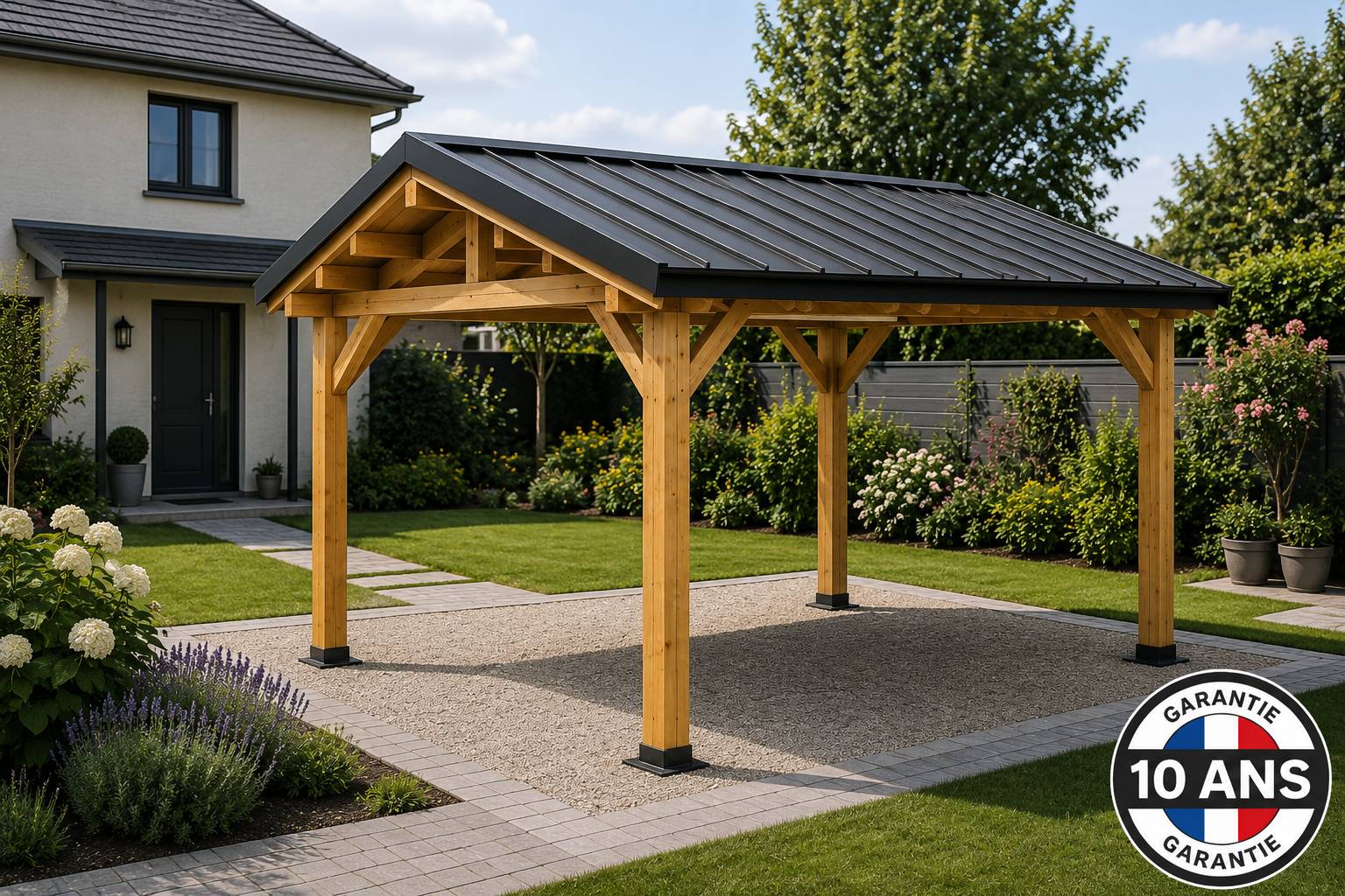Cpbf Charpentes - Carport SUR MESURE charpente deux pentes 500 cm x 4 poteaux, bois DOUGLAS Français  (Charpente en bois-auvent-abri voiture). Garantie 10 ans - Image 2