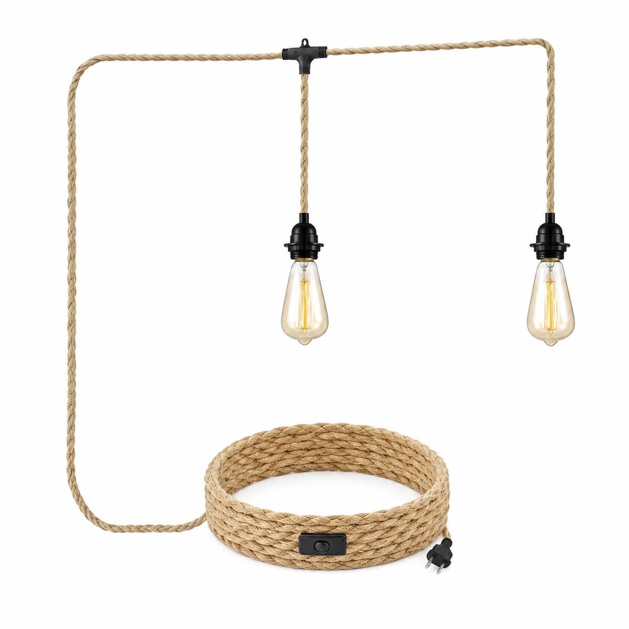 Suspension Vintage Cordes Chanvre 2 Douilles E27 6 Mètres Sans Ampoule