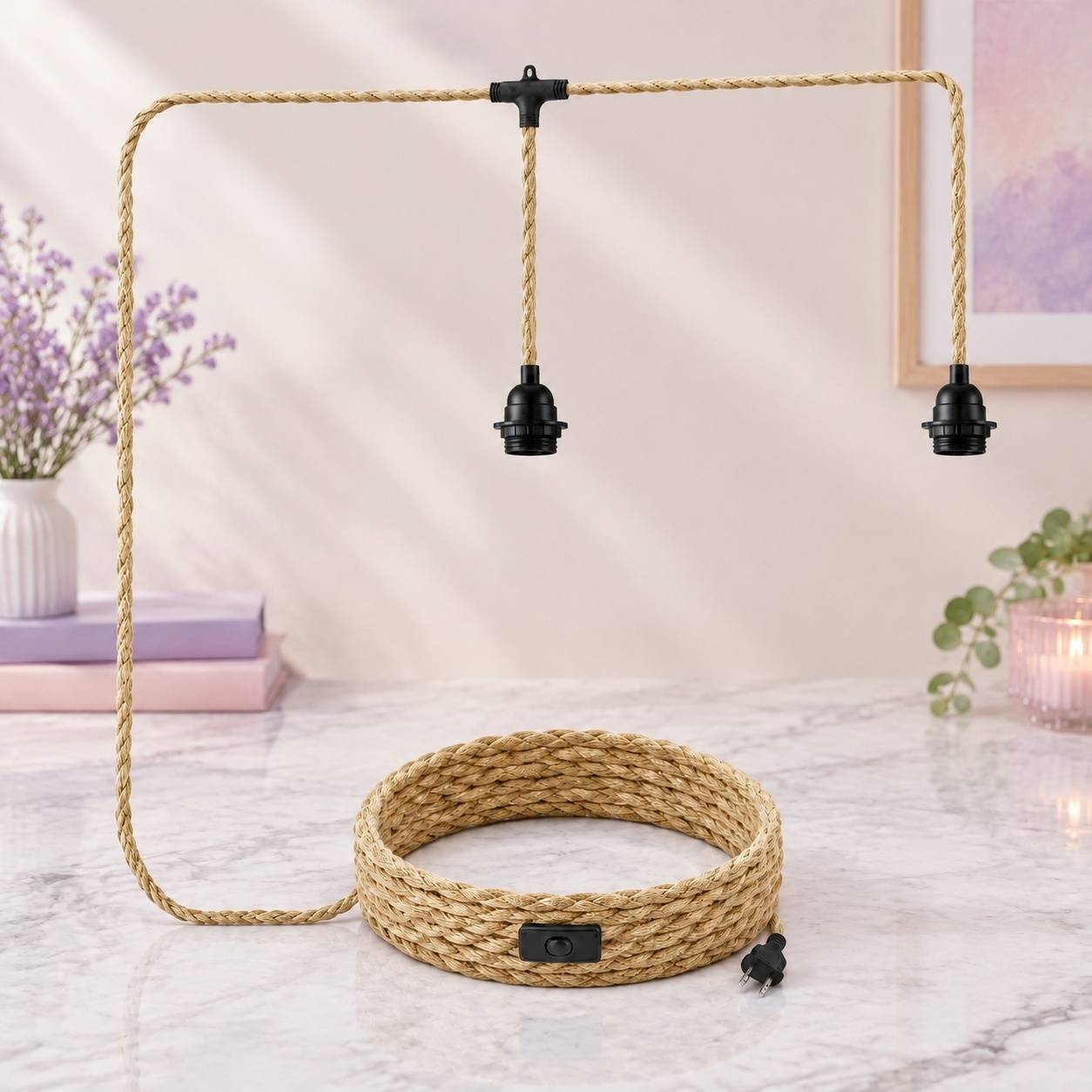Suspension Vintage Cordes Chanvre 2 Douilles E27 6 Mètres Sans Ampoule - Image 8