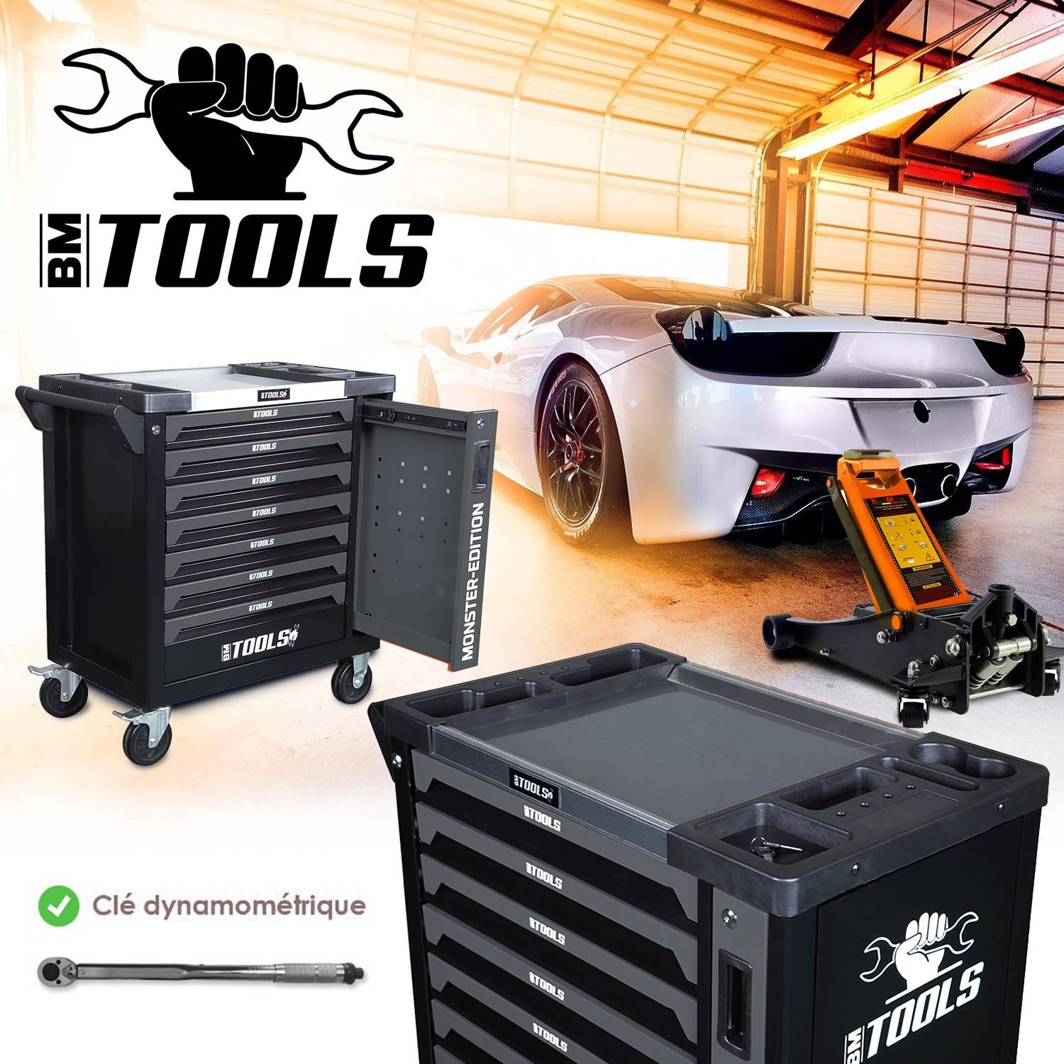 Servante d'atelier BM TOOLS 9/7 MONSTER-EDITION-GREY 7 tiroirs pleins 257 outils + Cric hydraulique Kraft Muller 2,25T ORANGE - Image 3