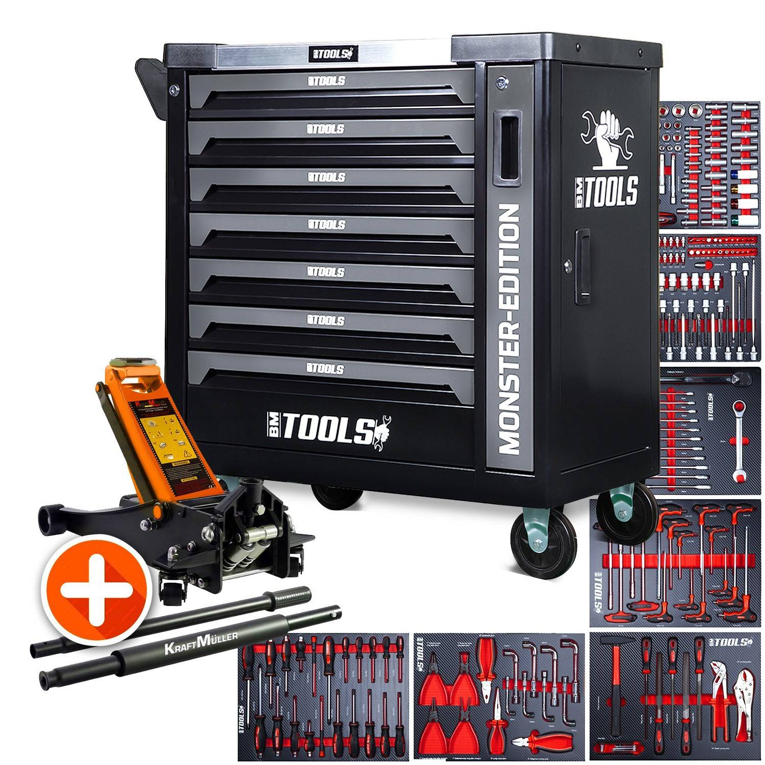 Servante d'atelier BM TOOLS 9/7 MONSTER-EDITION-GREY 7 tiroirs pleins 257 outils + Cric hydraulique Kraft Muller 2,25T ORANGE - Image 1