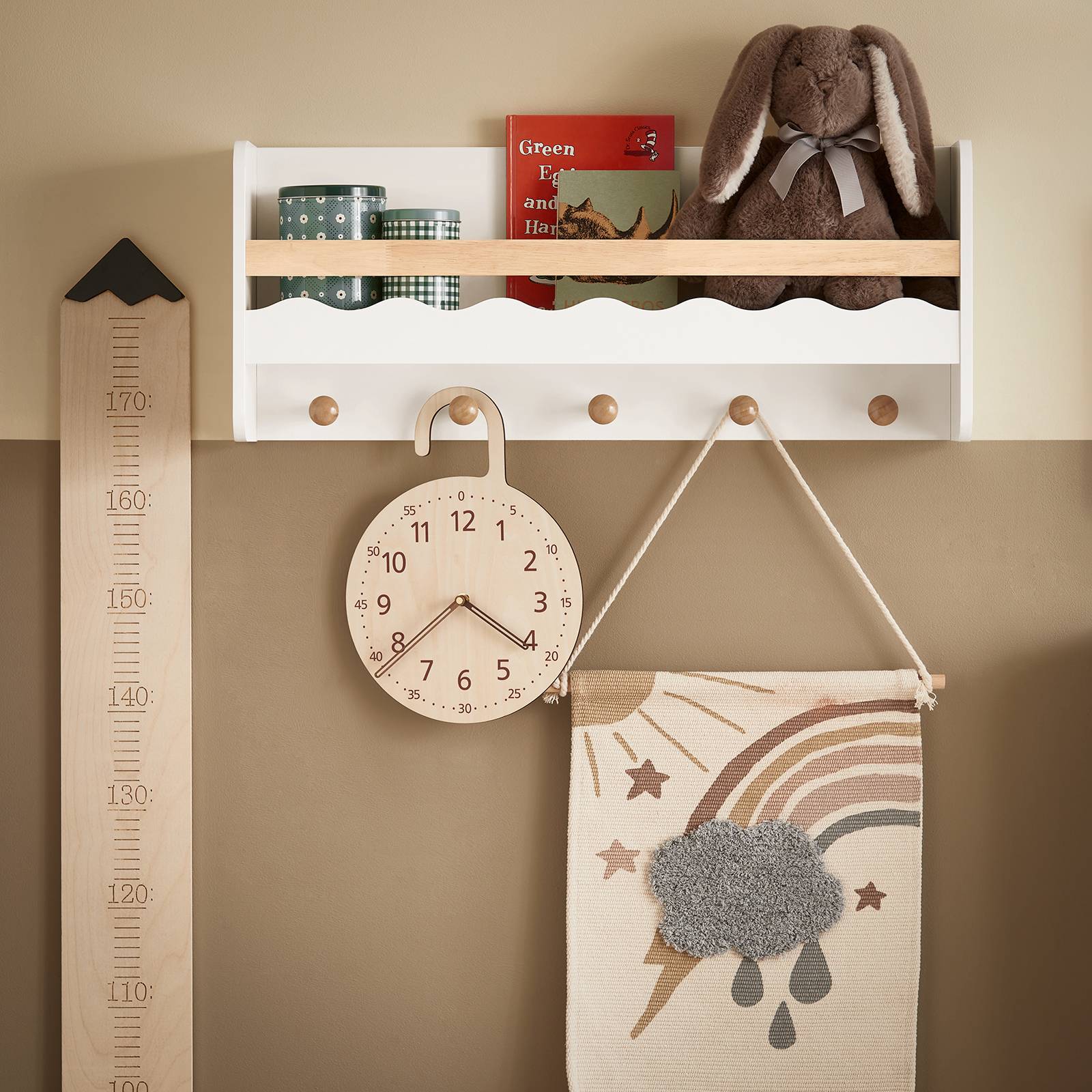 SoBuy Étagère Murale Enfant avec 5 Crochets, Bibliothèque et Porte-Manteau Blanche - Image 2