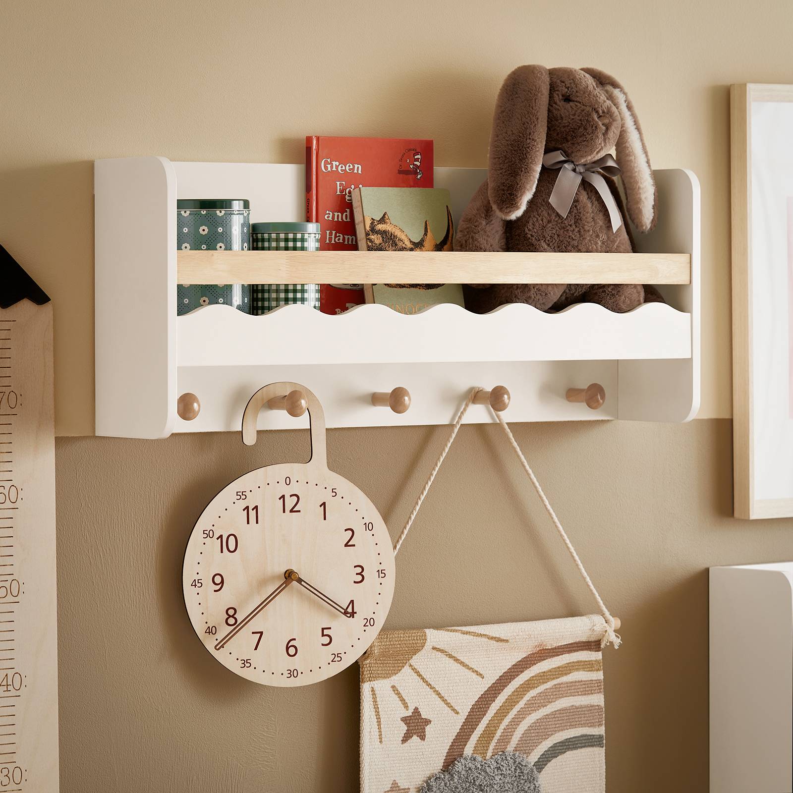 SoBuy Étagère Murale Enfant avec 5 Crochets, Bibliothèque et Porte-Manteau Blanche - Image 10