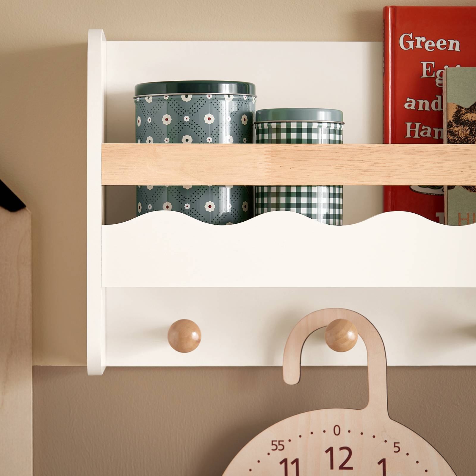 SoBuy Étagère Murale Enfant avec 5 Crochets, Bibliothèque et Porte-Manteau Blanche - Image 6