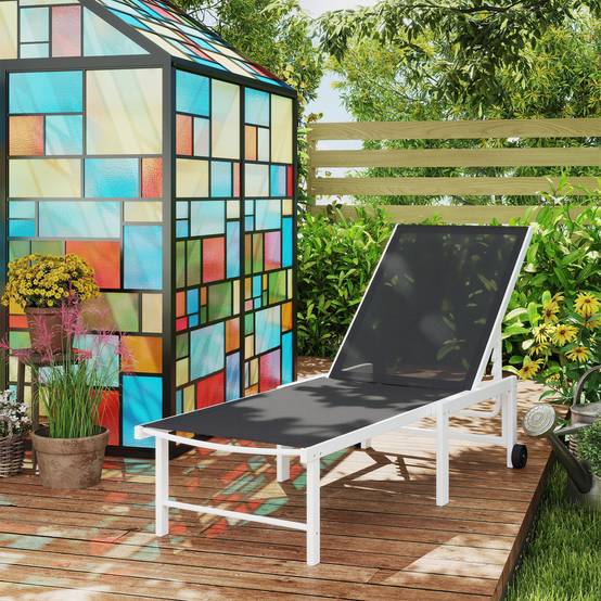 Transat inclinable extérieur jardin avec roues, dossier 5 positions, cadre acier,166x60x84 cm, gris - Image 4