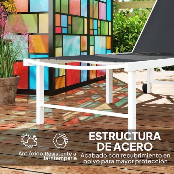 Transat inclinable extérieur jardin avec roues, dossier 5 positions, cadre acier,166x60x84 cm, gris - Image 8