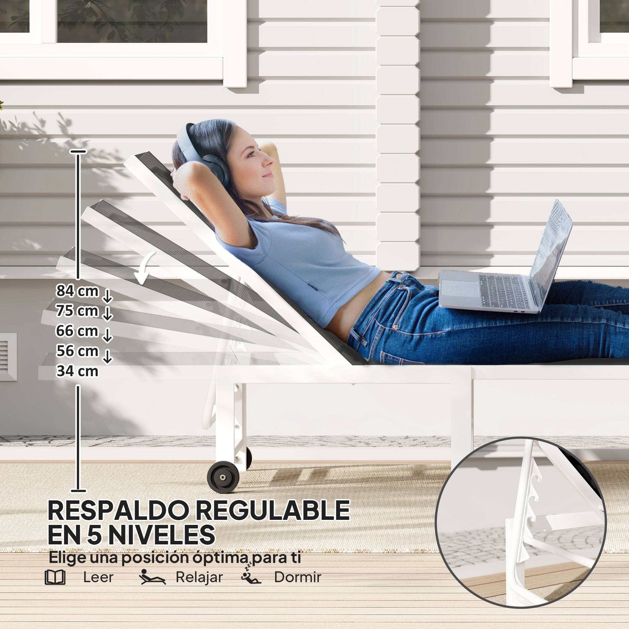 Transat inclinable extérieur jardin avec roues, dossier 5 positions, cadre acier,166x60x84 cm, gris - Image 6