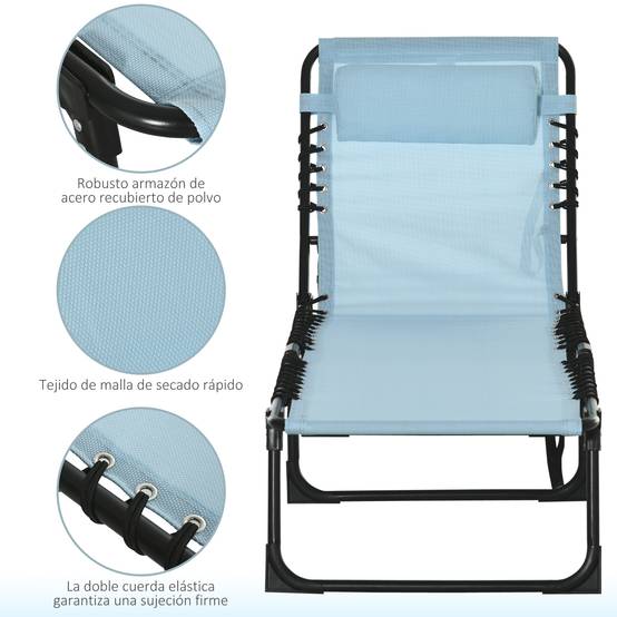 Transat pliant avec appui-tête, transat de jardin, inclinable en 4 positions, structure en acier, 189 x 58 x 30 cm, bleu - Image 7