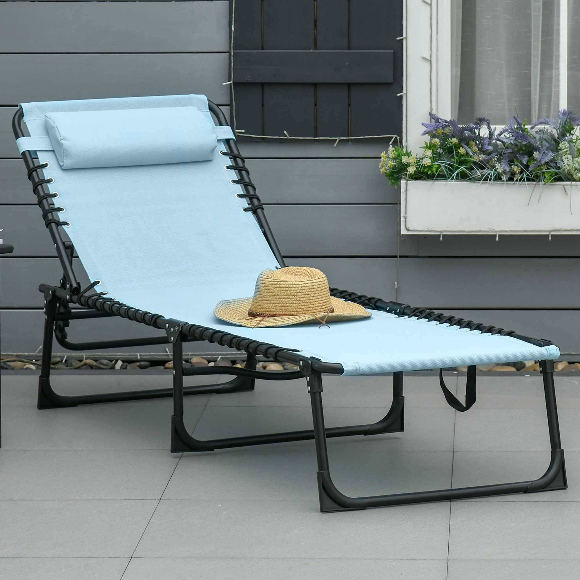 Transat pliant avec appui-tête, transat de jardin, inclinable en 4 positions, structure en acier, 189 x 58 x 30 cm, bleu - Image 4