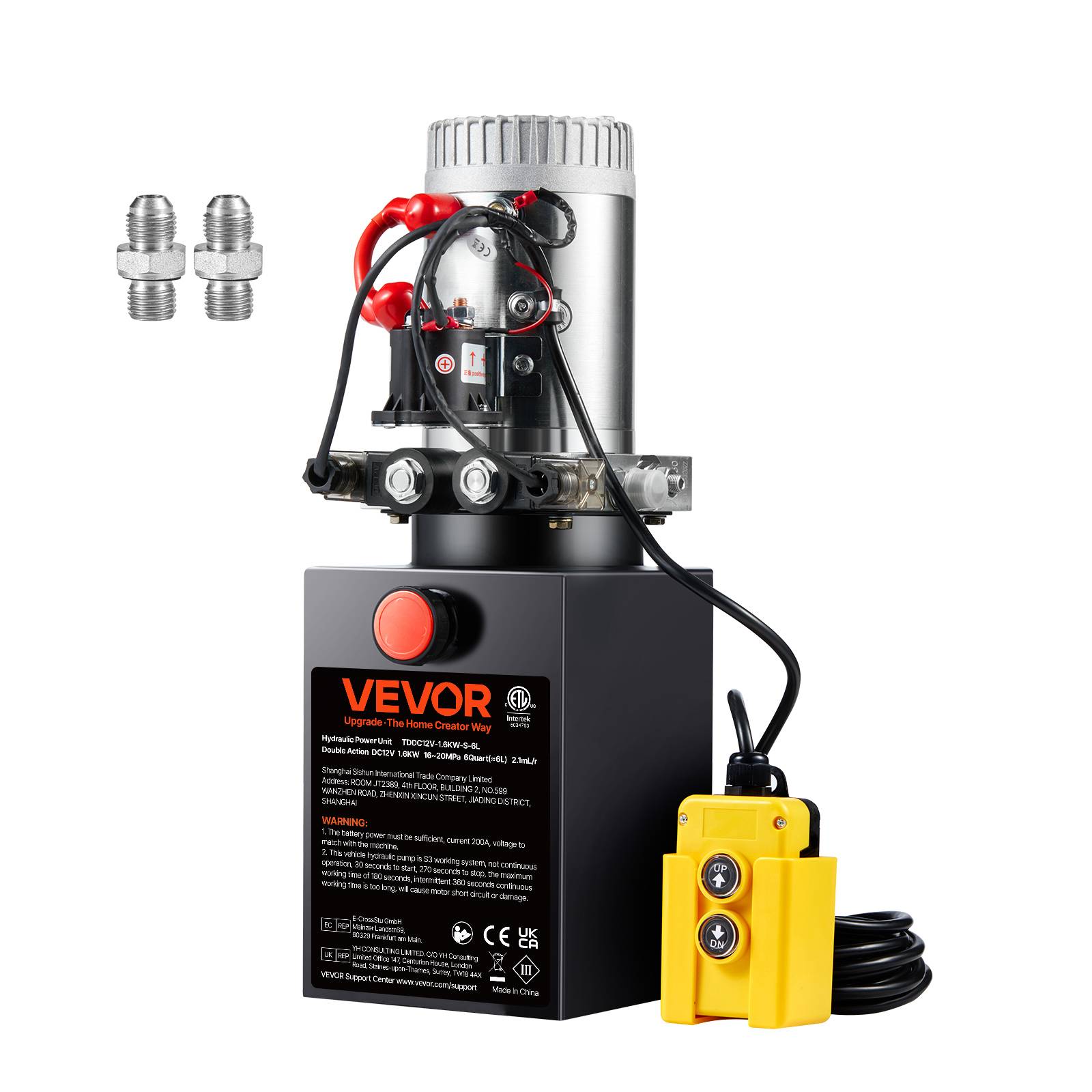 VEVOR Pompe hydraulique DC 12V 6L double effet débit 3,44 L/min pression 22 MPa pour camion benne nacelle levage.
