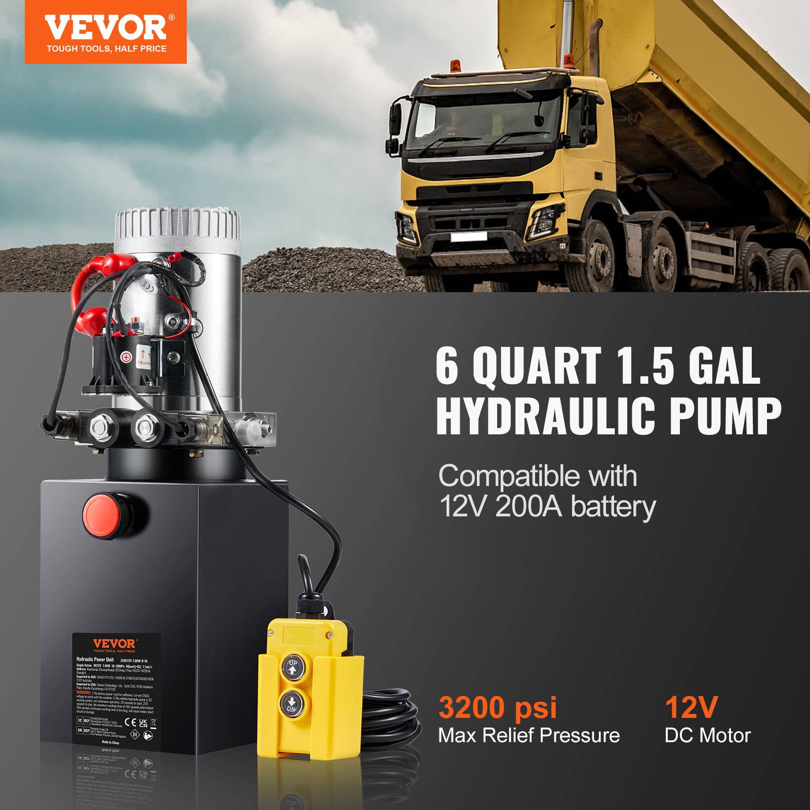 VEVOR Pompe hydraulique DC 12V 6L double effet débit 3,44 L/min pression 22 MPa pour camion benne nacelle levage. - Image 2