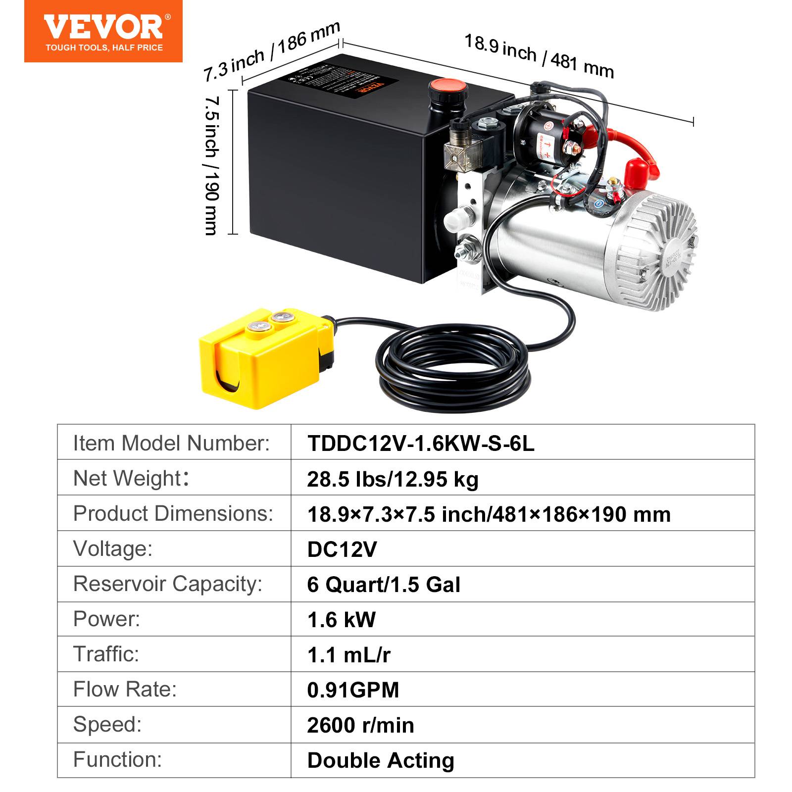 VEVOR Pompe hydraulique DC 12V 6L double effet débit 3,44 L/min pression 22 MPa pour camion benne nacelle levage. - Image 7