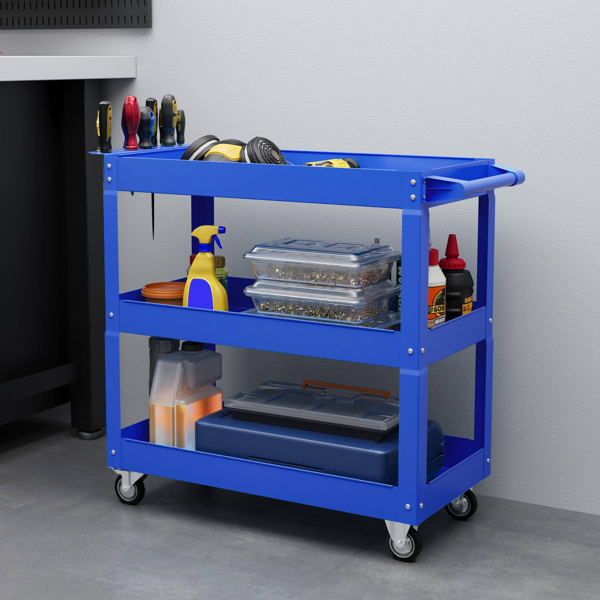 Sans Marque - Chariot à outils à 3 niveaux, 4 roues, Acier, 83 L x 35,3 P x 76 H cm, Bleu - Image 4